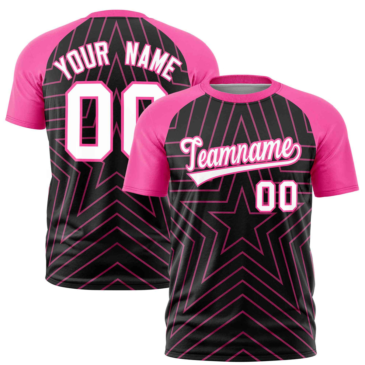 Custom Black Pink Personalized Star Pattern Raglan Sleeves Performance T-Shirt | KXKSHOP