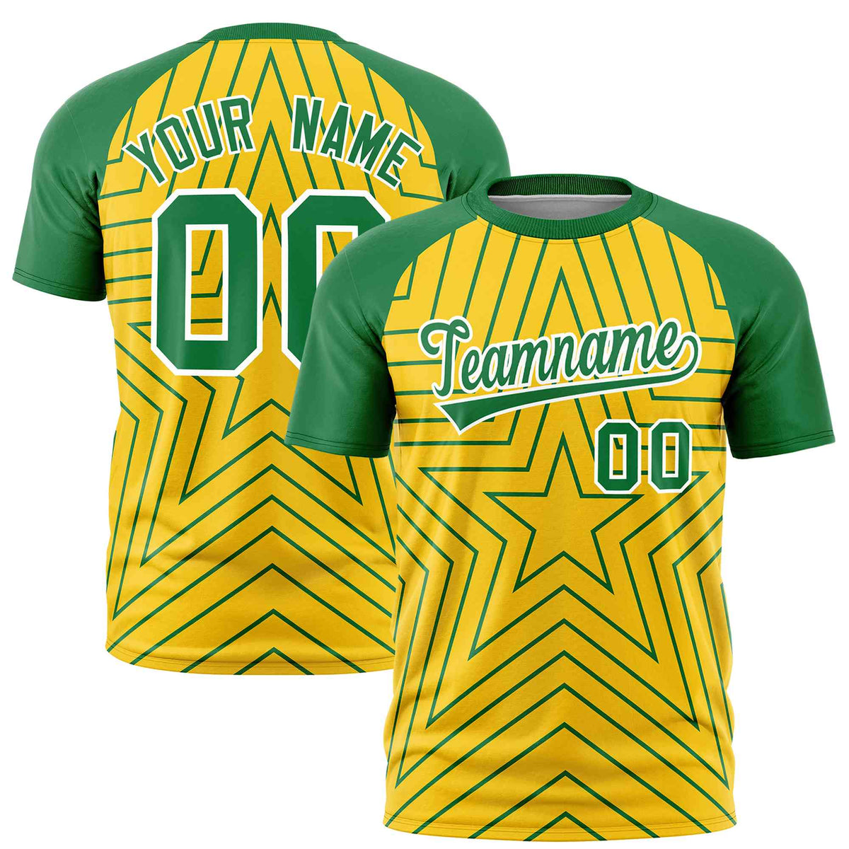 Custom Gold Kelly Green Personalized Star Pattern Raglan Sleeves Performance T-Shirt | KXKSHOP