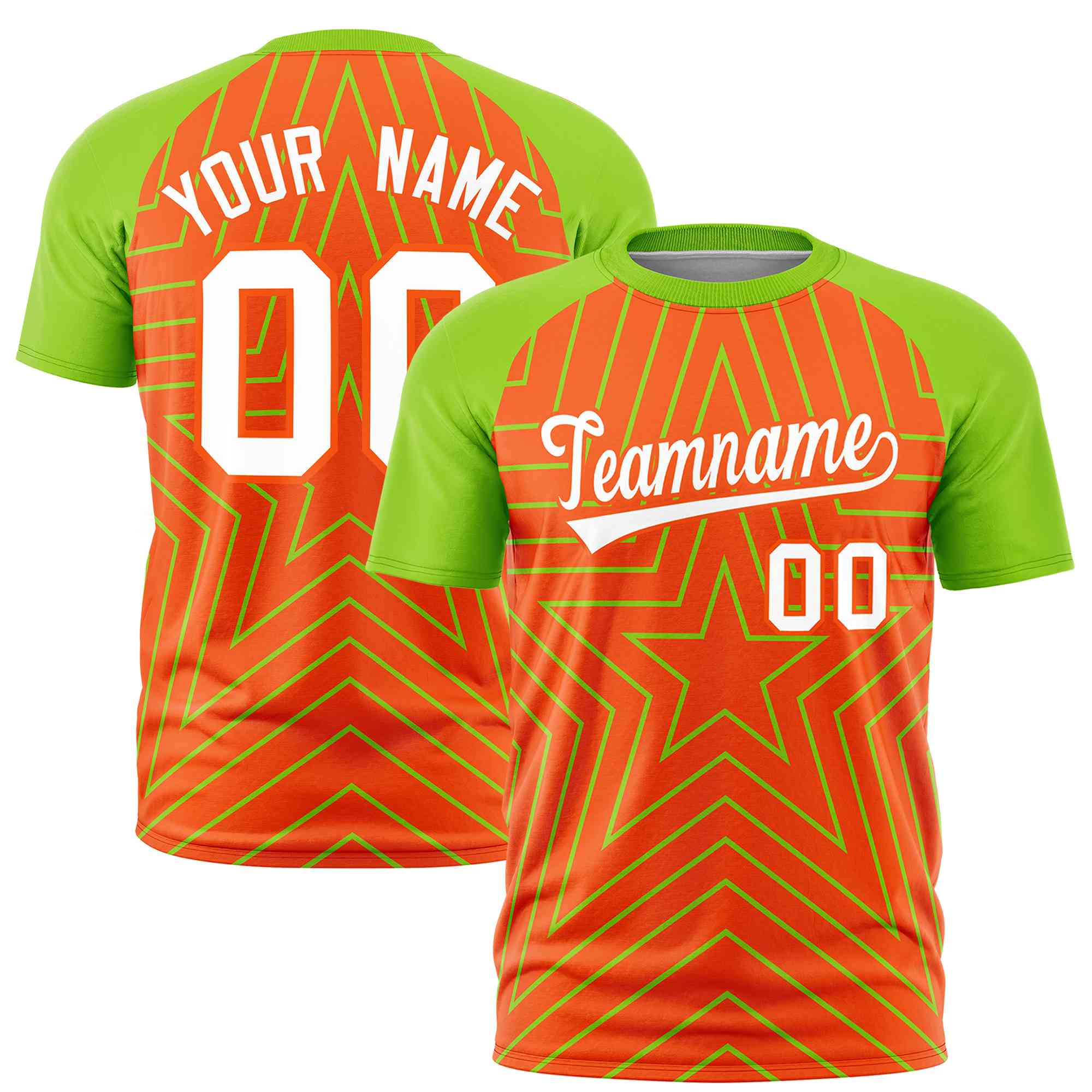 Custom Orange Neon Green Personalized Star Pattern Raglan Sleeves Performance T-Shirt | KXKSHOP