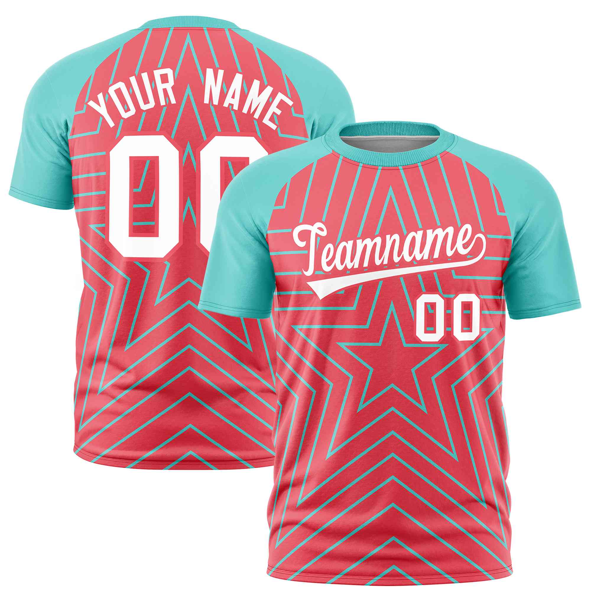 Custom Light Red Aqua Personalized Star Pattern Raglan Sleeves Performance T-Shirt | KXKSHOP