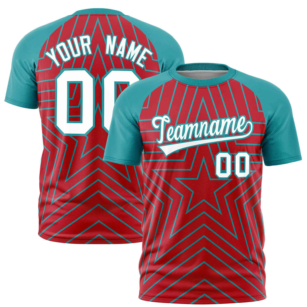 Custom Red Aqua Personalized Star Pattern Raglan Sleeves Performance T-Shirt | KXKSHOP