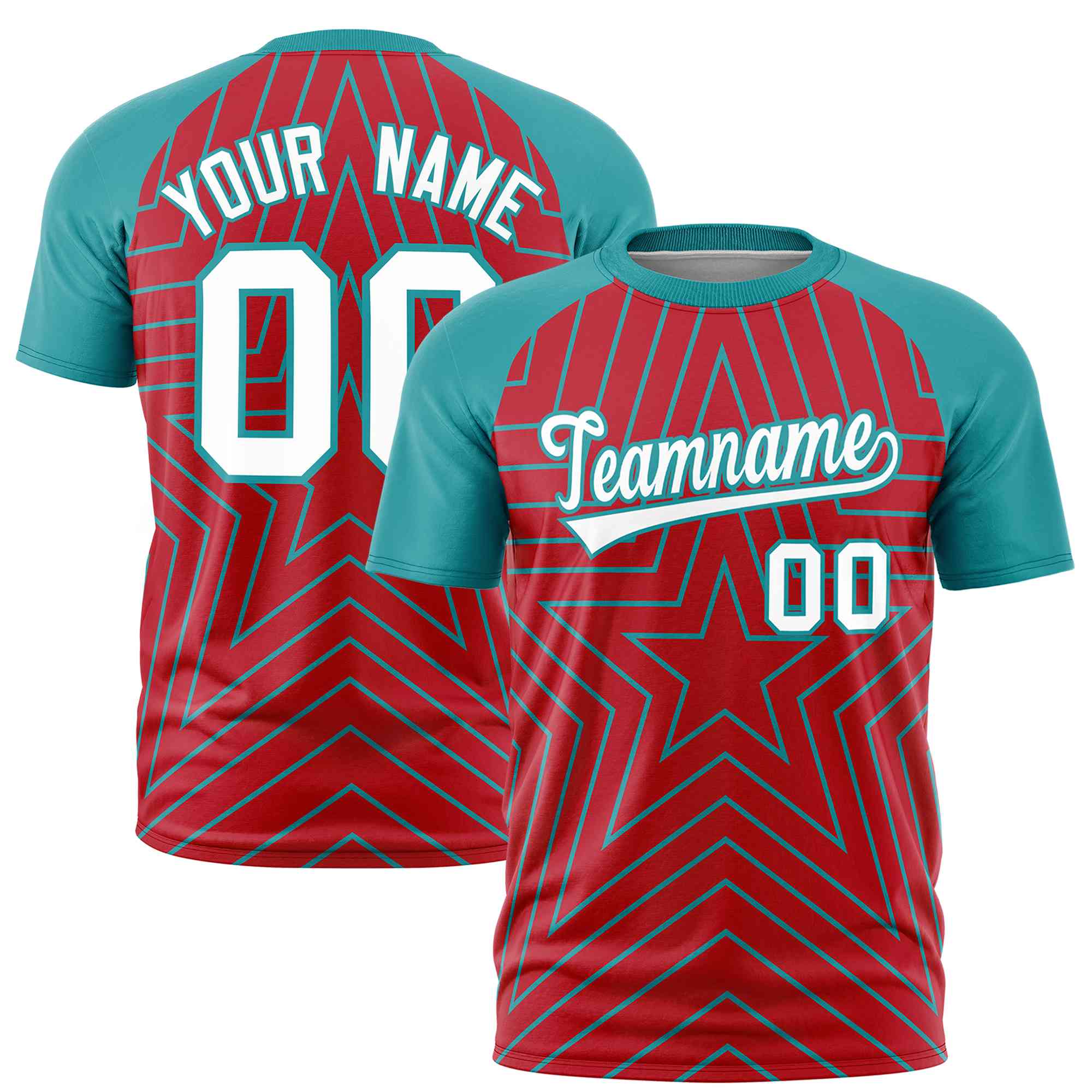 Custom Red Aqua Personalized Star Pattern Raglan Sleeves Performance T-Shirt | KXKSHOP