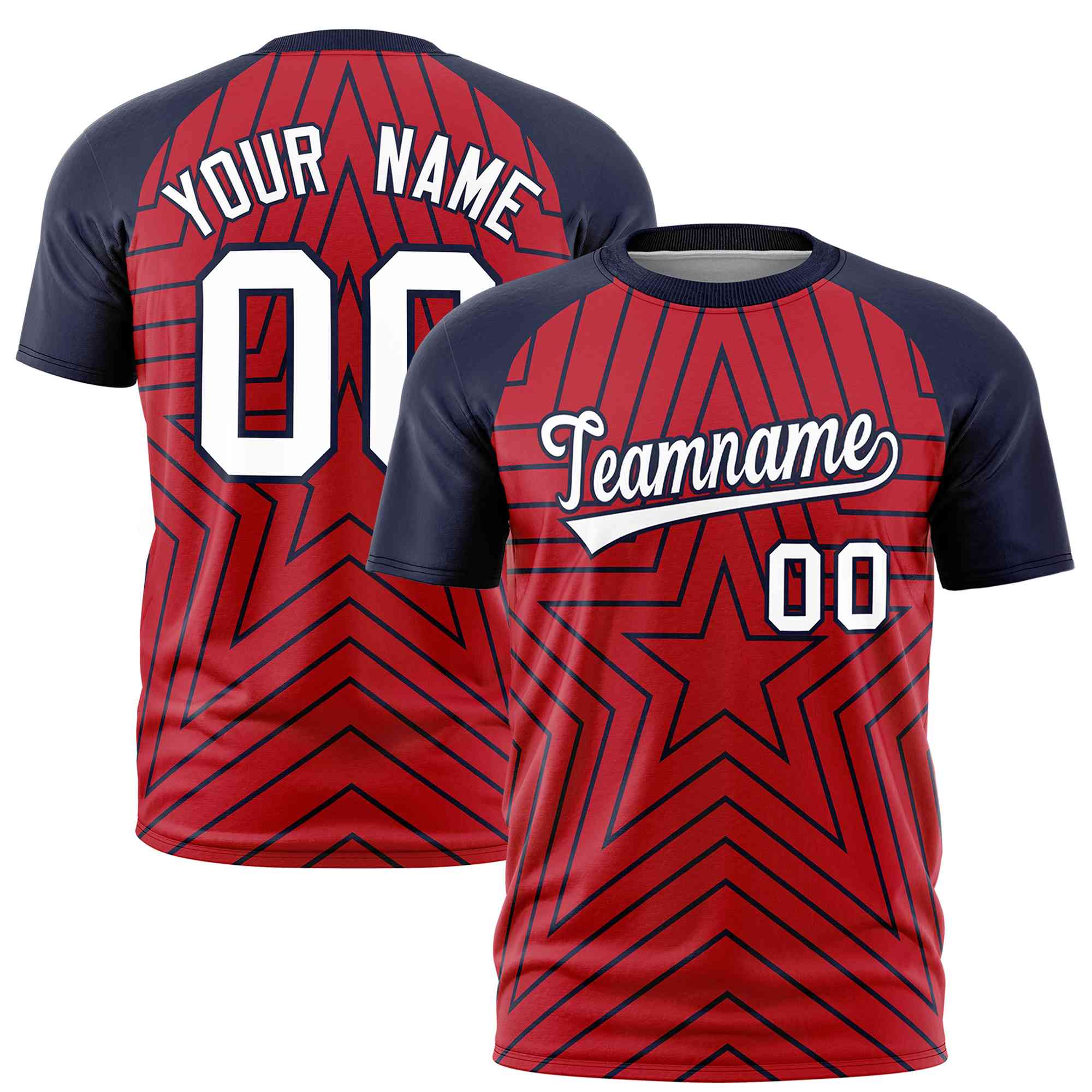 Custom Red Navy Personalized Star Pattern Raglan Sleeves Performance T-Shirt | KXKSHOP