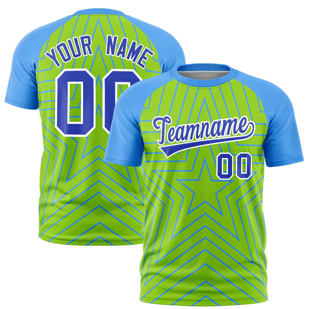 Custom Neon Green Powder Blue Personalized Star Pattern Raglan Sleeves Performance T-Shirt | KXKSHOP