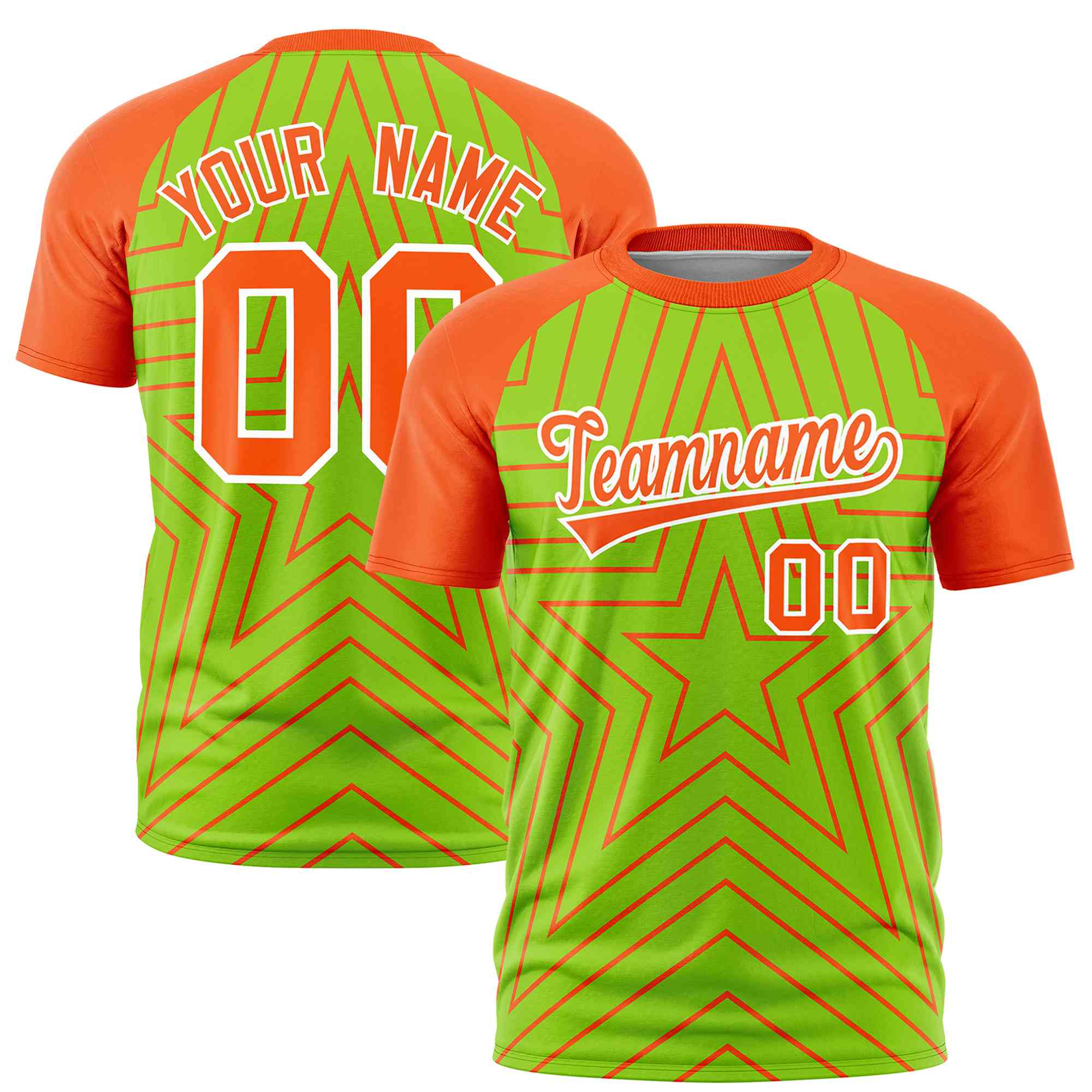 Custom Neon Green Orange Personalized Star Pattern Raglan Sleeves Performance T-Shirt | KXKSHOP