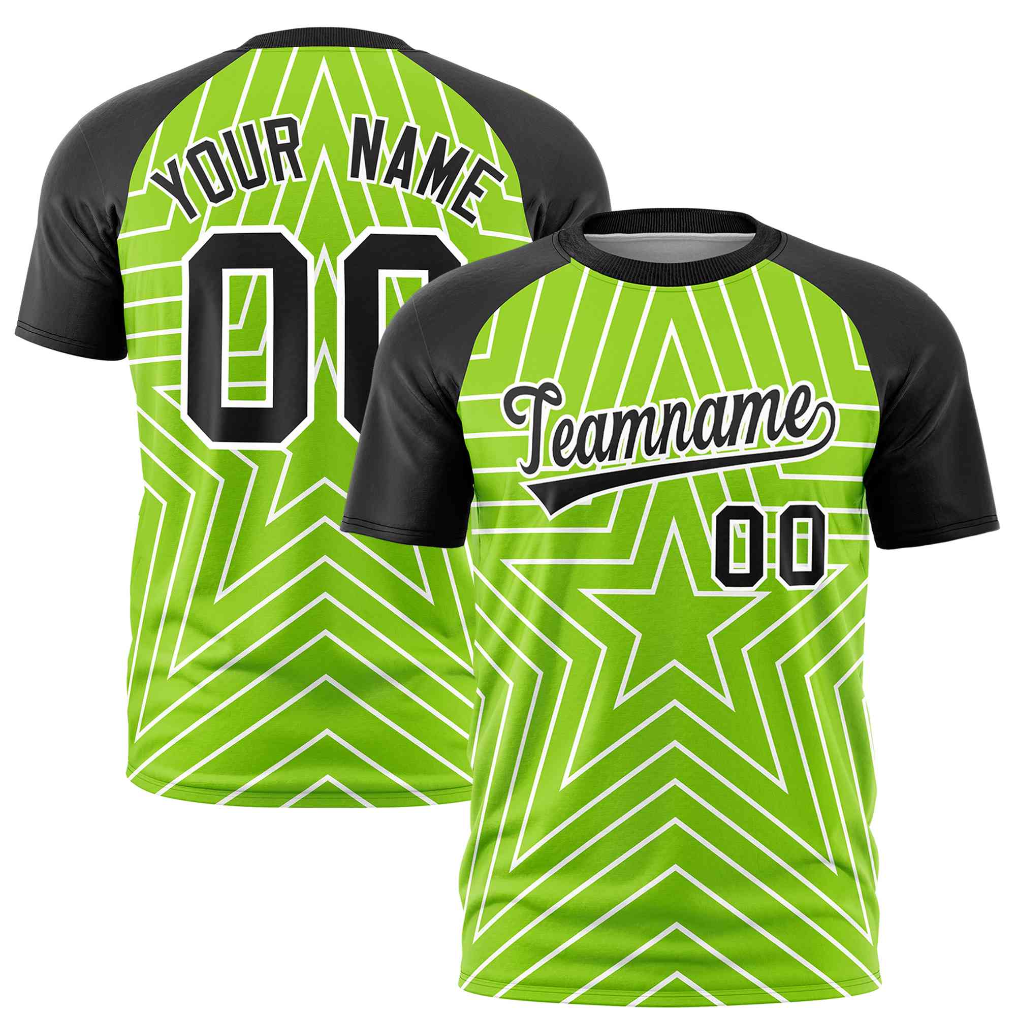 Custom Neon Green Black Personalized Star Pattern Raglan Sleeves Performance T-Shirt | KXKSHOP