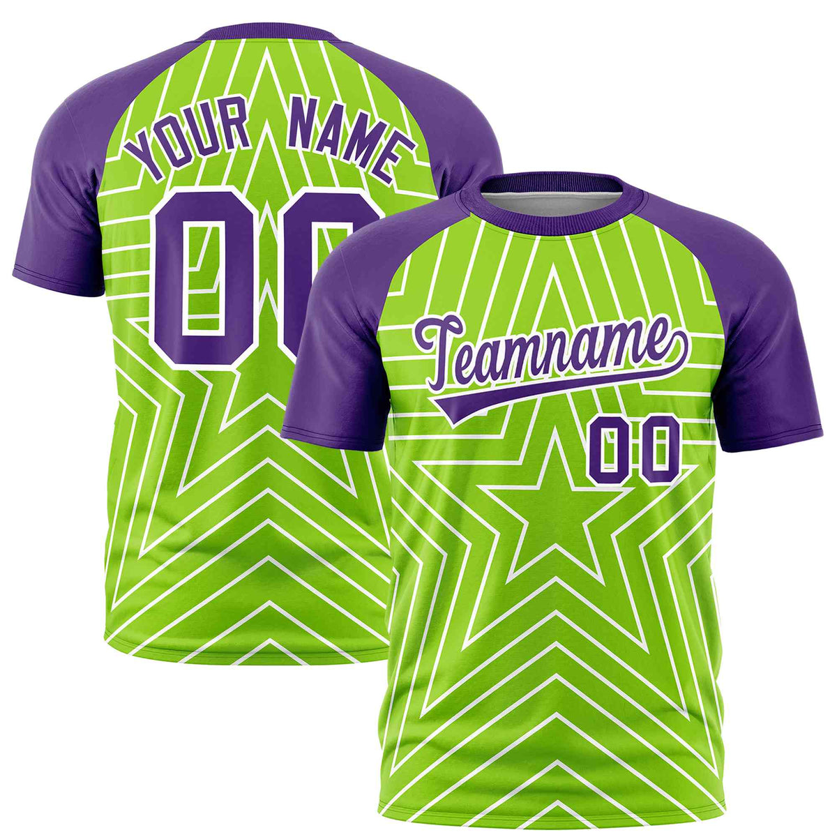 Custom Neon Green Purple Personalized Star Pattern Raglan Sleeves Performance T-Shirt | KXKSHOP