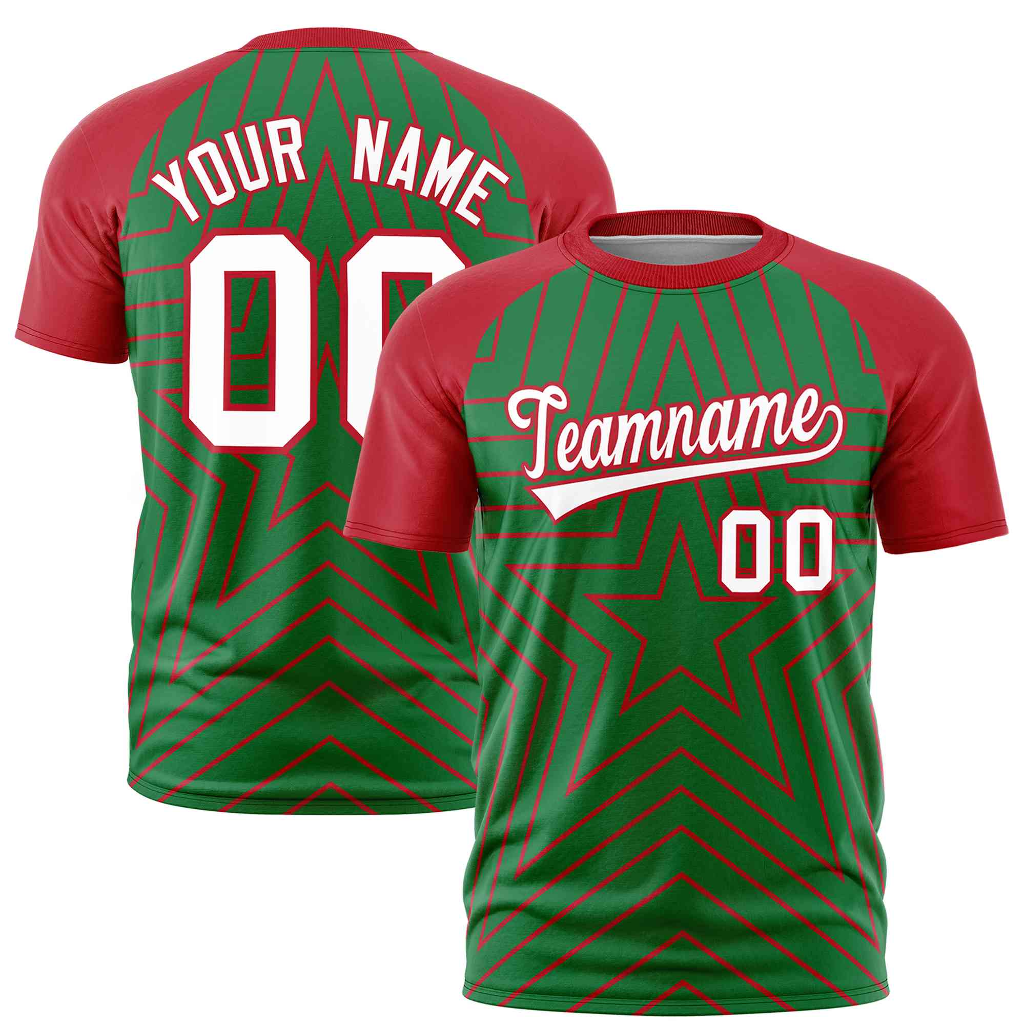 Custom Kelly Green Red Personalized Star Pattern Raglan Sleeves Performance T-Shirt | KXKSHOP