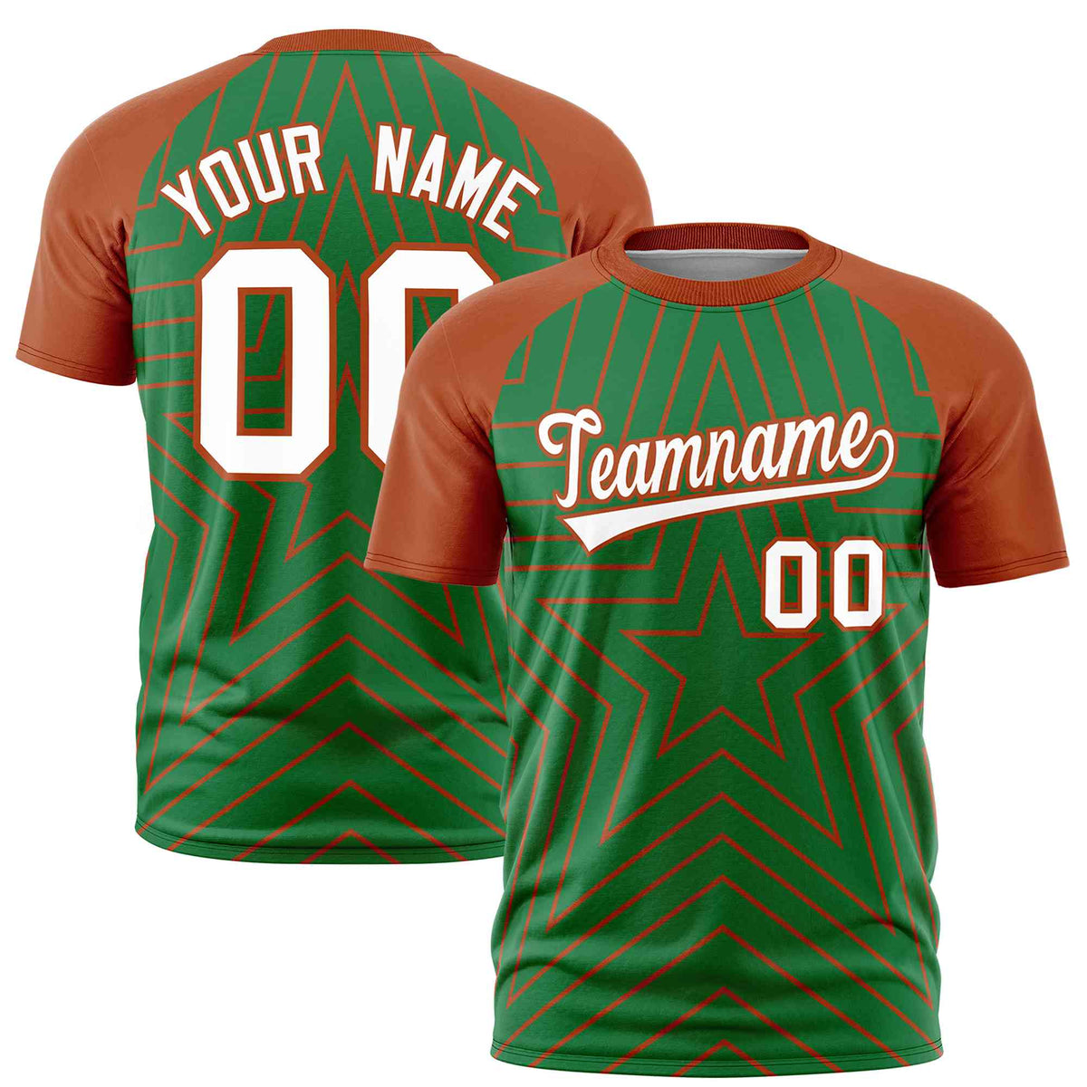 Custom Kelly Green Texas Orange Personalized Star Pattern Raglan Sleeves Performance T-Shirt | KXKSHOP