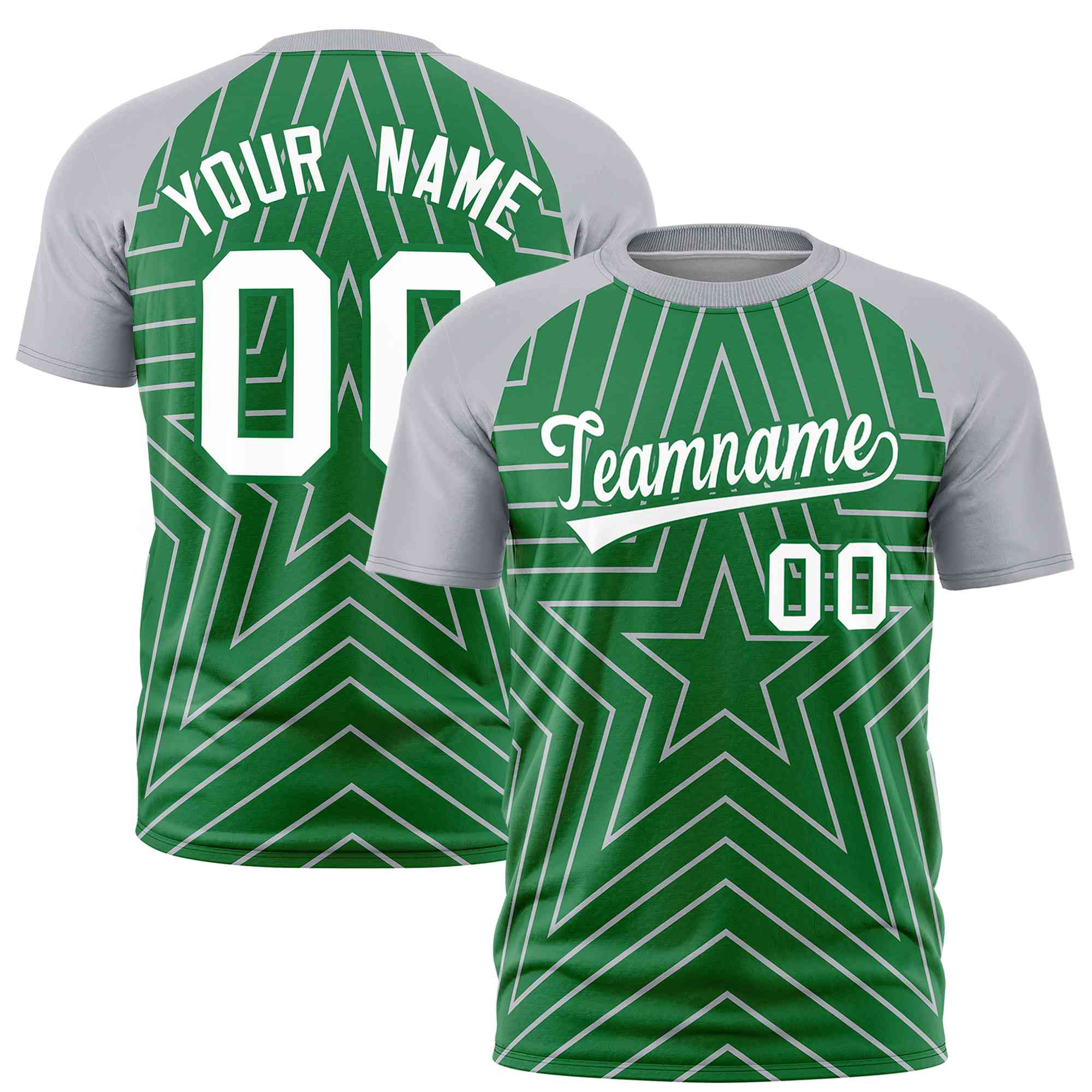 Custom Kelly Green Gray Personalized Star Pattern Raglan Sleeves Performance T-Shirt | KXKSHOP