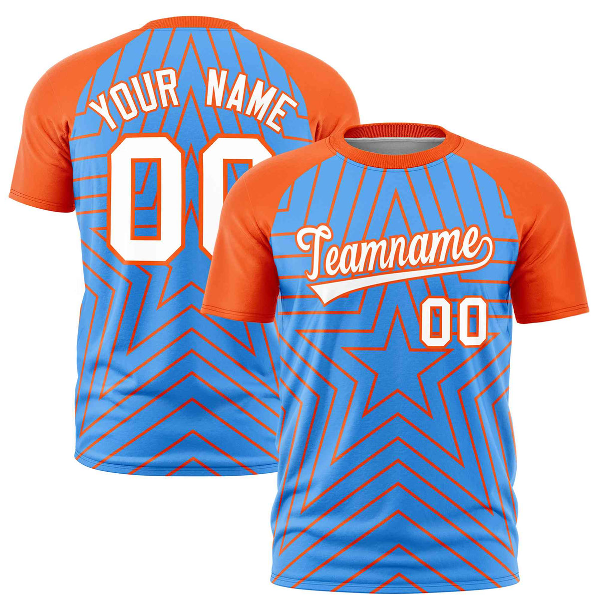 Custom Powder Blue Orange Personalized Star Pattern Raglan Sleeves Performance T-Shirt | KXKSHOP