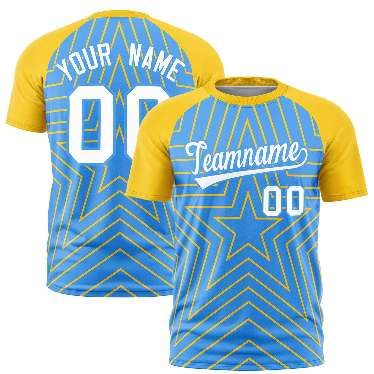 Custom Powder Blue Gold Personalized Star Pattern Raglan Sleeves Performance T-Shirt | KXKSHOP