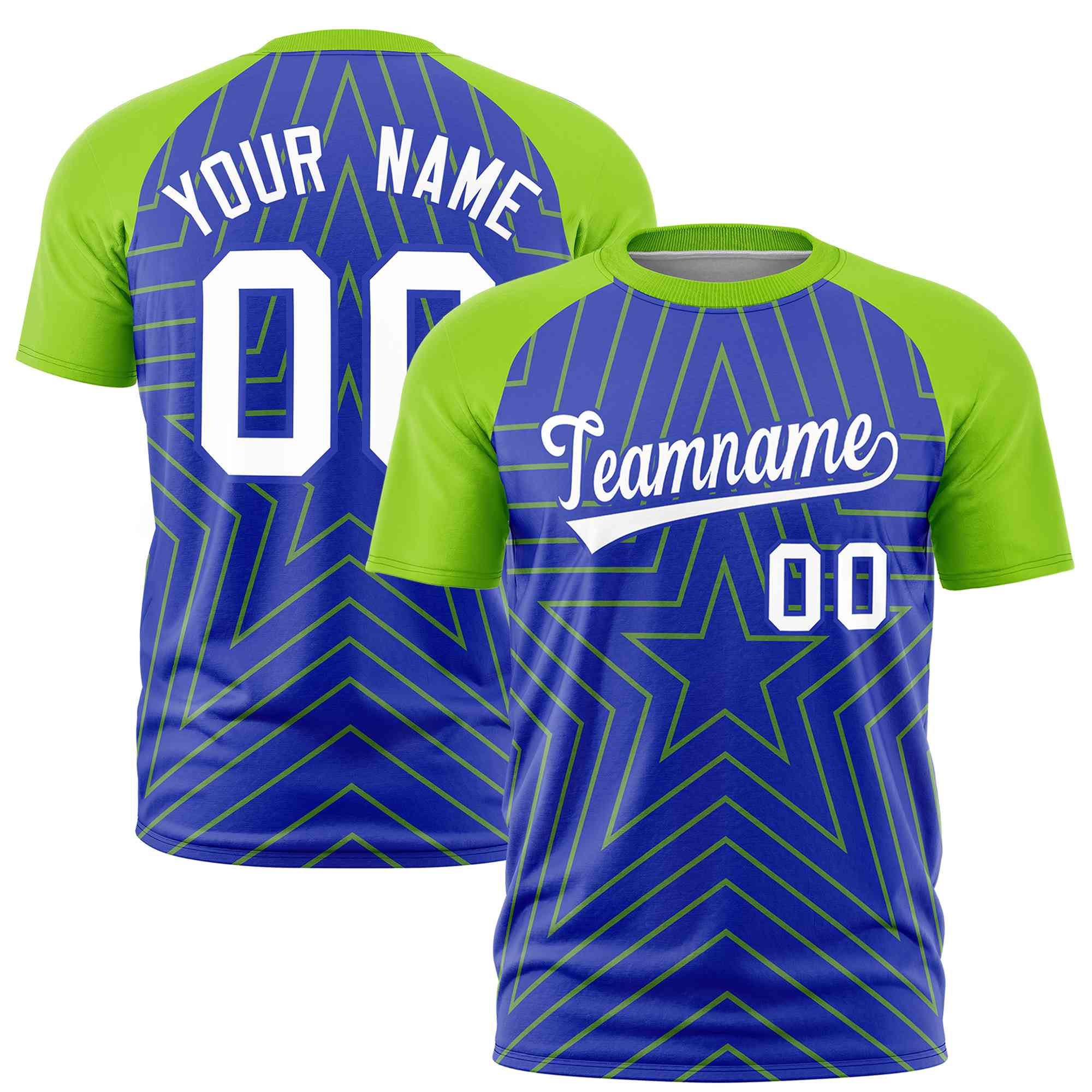 Custom Royal Neon Green Personalized Star Pattern Raglan Sleeves Performance T-Shirt | KXKSHOP