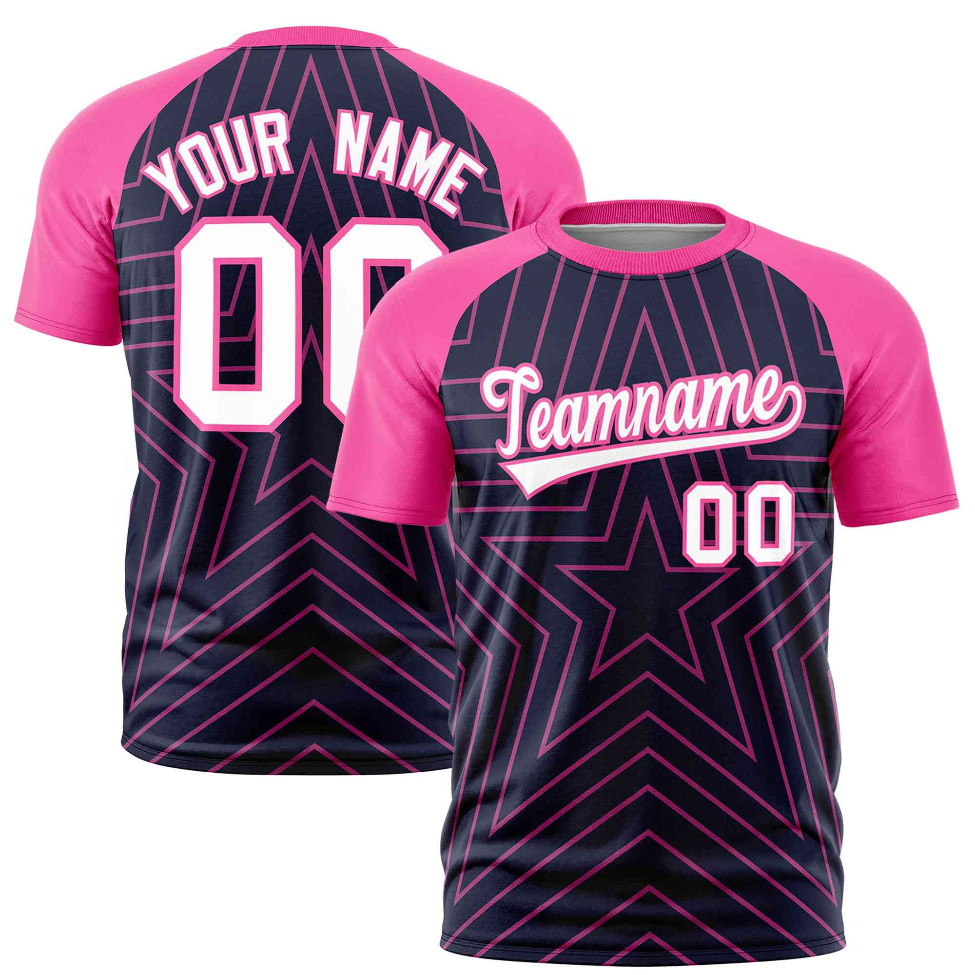 Custom Navy Pink Personalized Star Pattern Raglan Sleeves Performance T-Shirt | KXKSHOP
