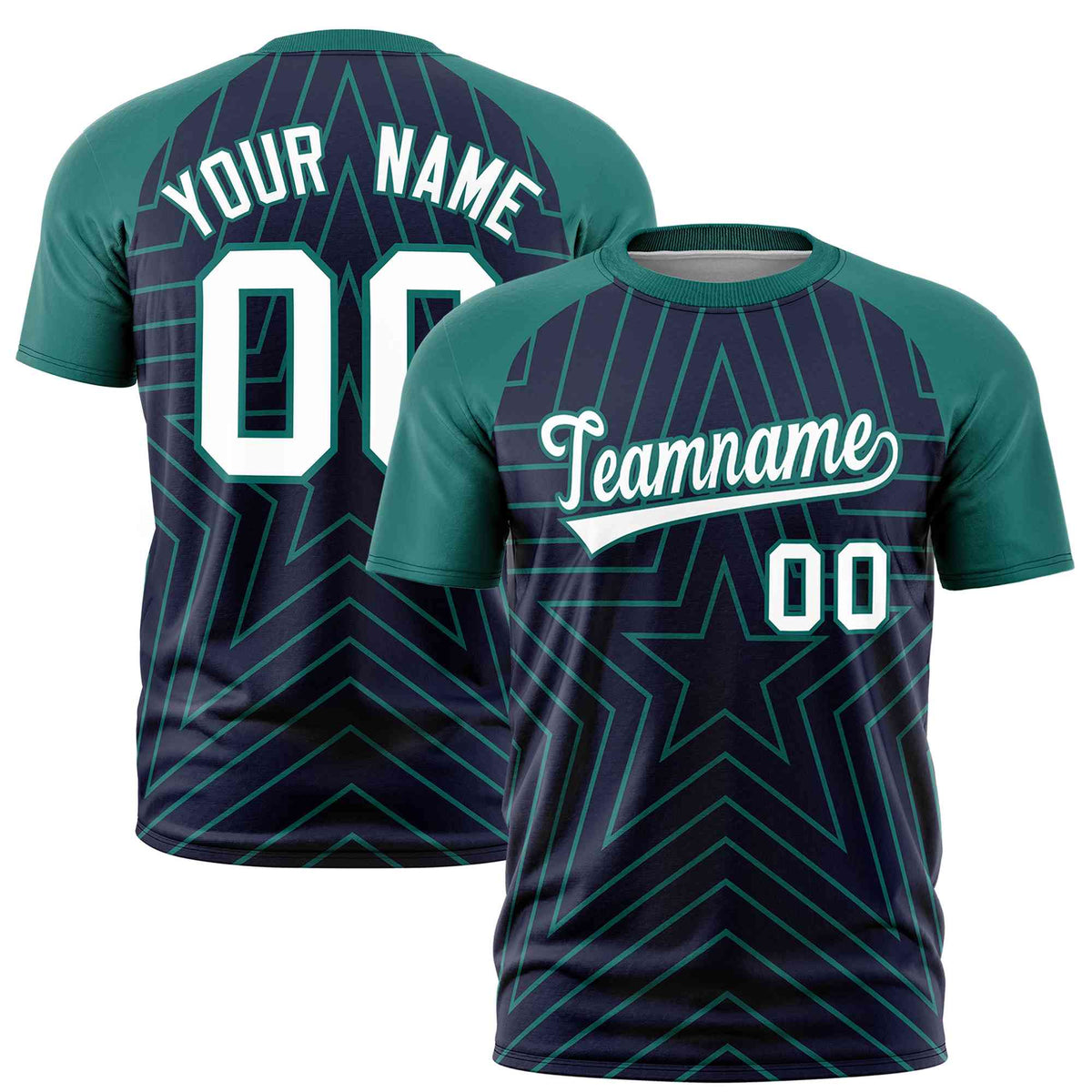 Custom Navy Aqua Personalized Star Pattern Raglan Sleeves Performance T-Shirt | KXKSHOP