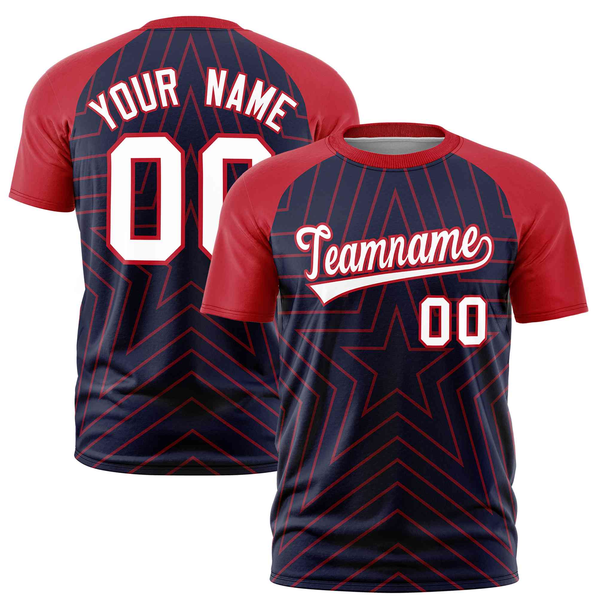 Custom Navy Red Personalized Star Pattern Raglan Sleeves Performance T-Shirt | KXKSHOP