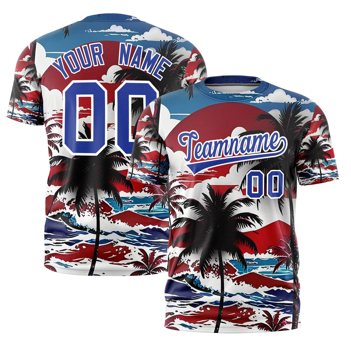 Custom Royal Blue White Graffiti Pattern Hawaiian Style T-shirt| KXKSHOP