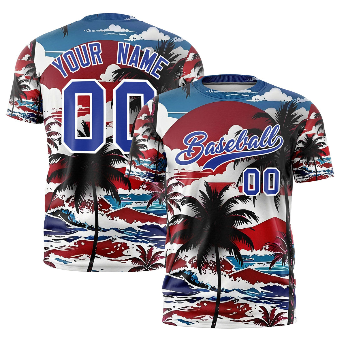Custom Royal Blue White Graffiti Pattern Hawaiian Style T-shirt| KXKSHOP