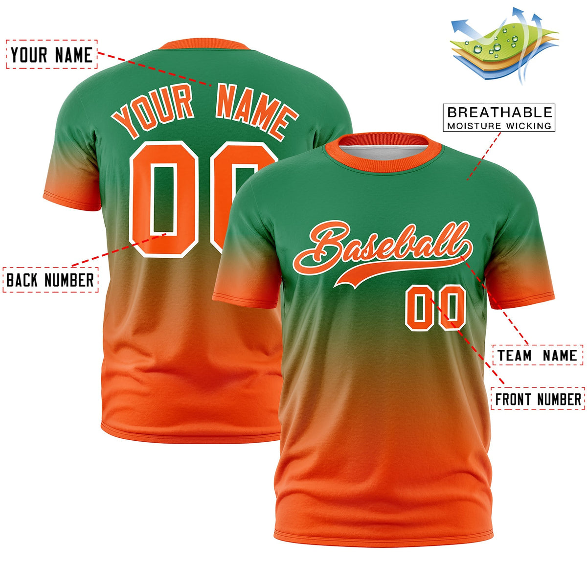 Custom Kelly Green Orange White Gradient Fashion Lightweight T-shirt| KXKSHOP