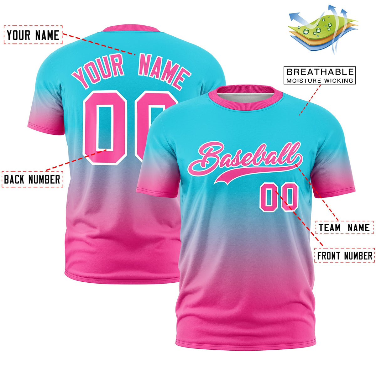 Custom Sky Blue Pink White Gradient Fashion Lightweight T-shirt| KXKSHOP