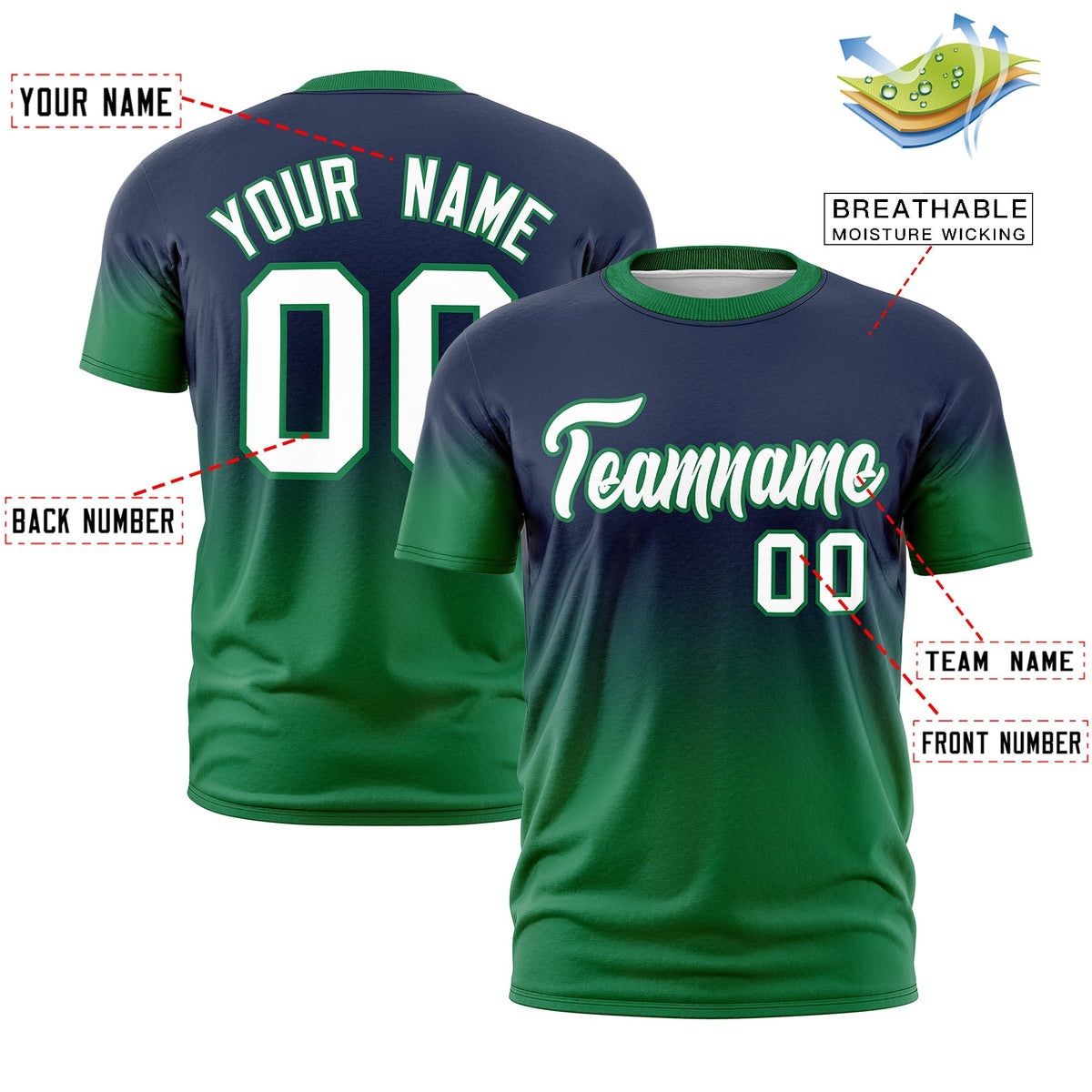 Custom Navy White Kelly Green Gradient Fashion Lightweight T-shirt| KXKSHOP