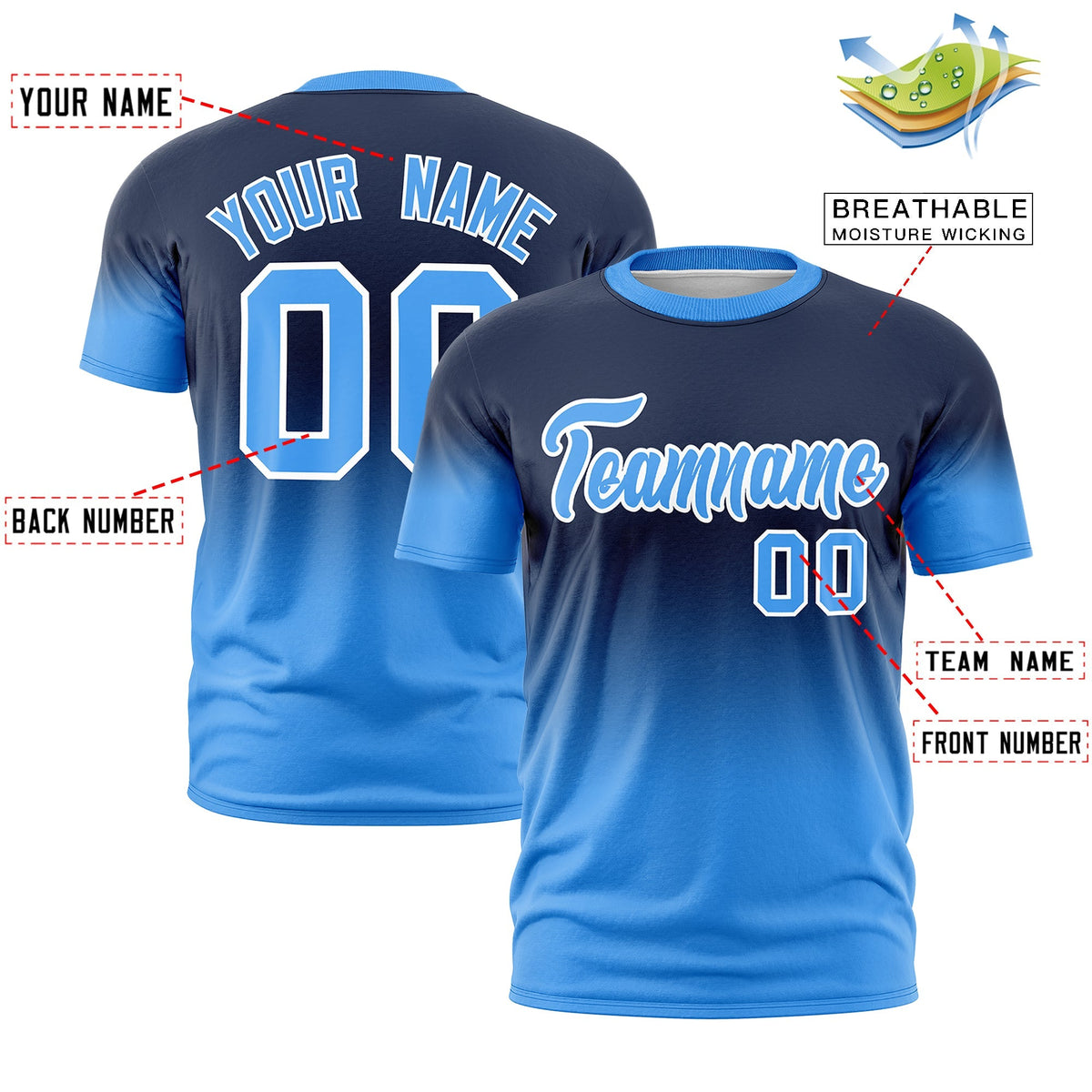 Custom Navy Powder Blue White Gradient Fashion Lightweight T-shirt| KXKSHOP