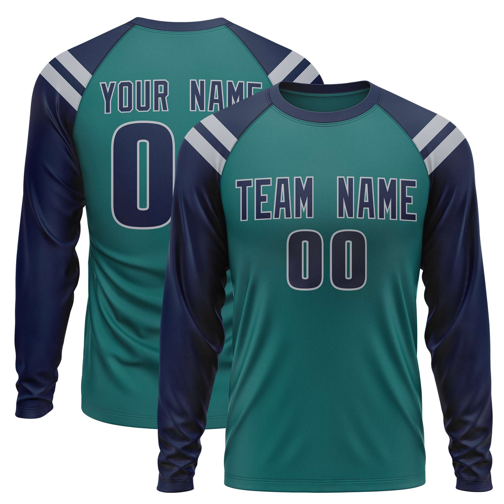 Custom Aqua Navy-Dark Gray Crew Neck Personalized Raglan Long Sleeve Performance T-Shirt | KXKSHOP