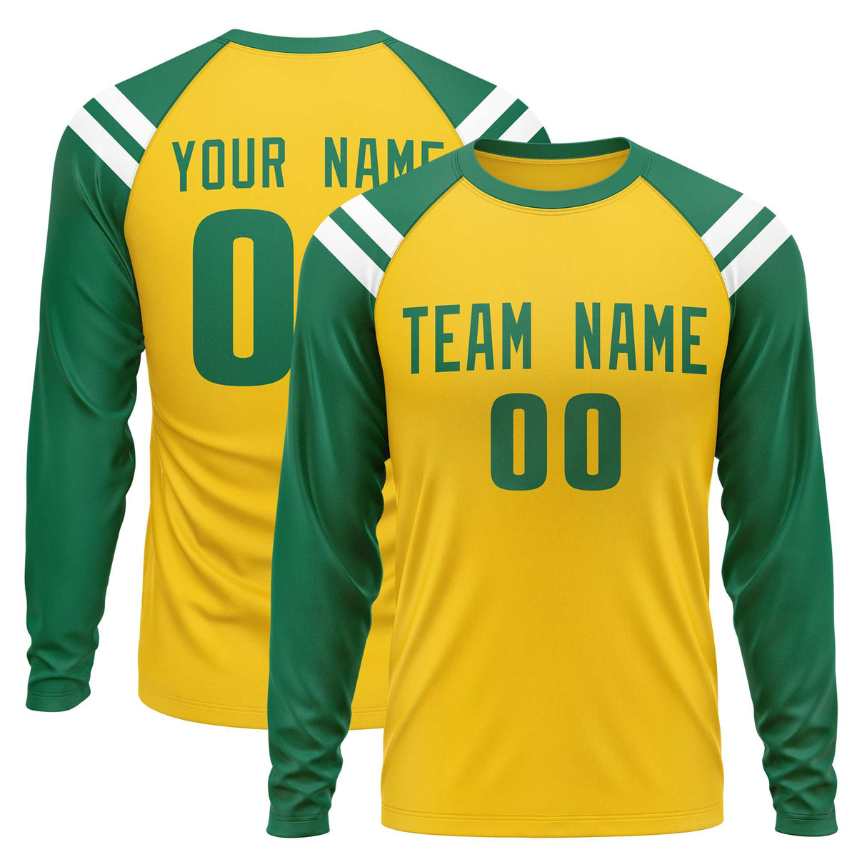 Custom Gold Kelly Green-White Crew Neck Personalized Raglan Long Sleeve Performance T-Shirt | KXKSHOP