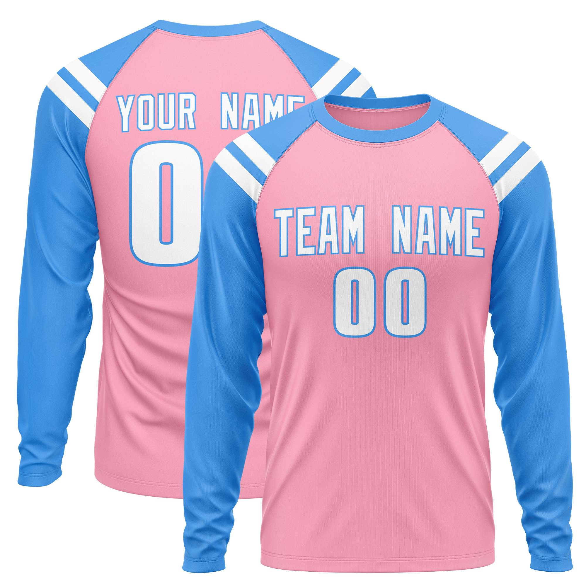 Custom Light Pink Powder Blue-White Crew Neck Personalized Raglan Long Sleeve Performance T-Shirt | KXKSHOP