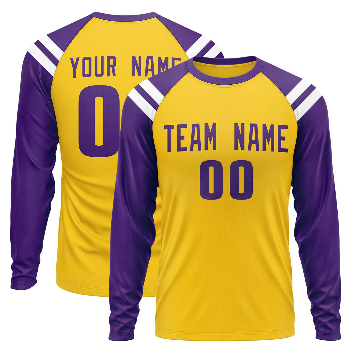 Custom Gold Purple-White Crew Neck Personalized Raglan Long Sleeve Performance T-Shirt | KXKSHOP