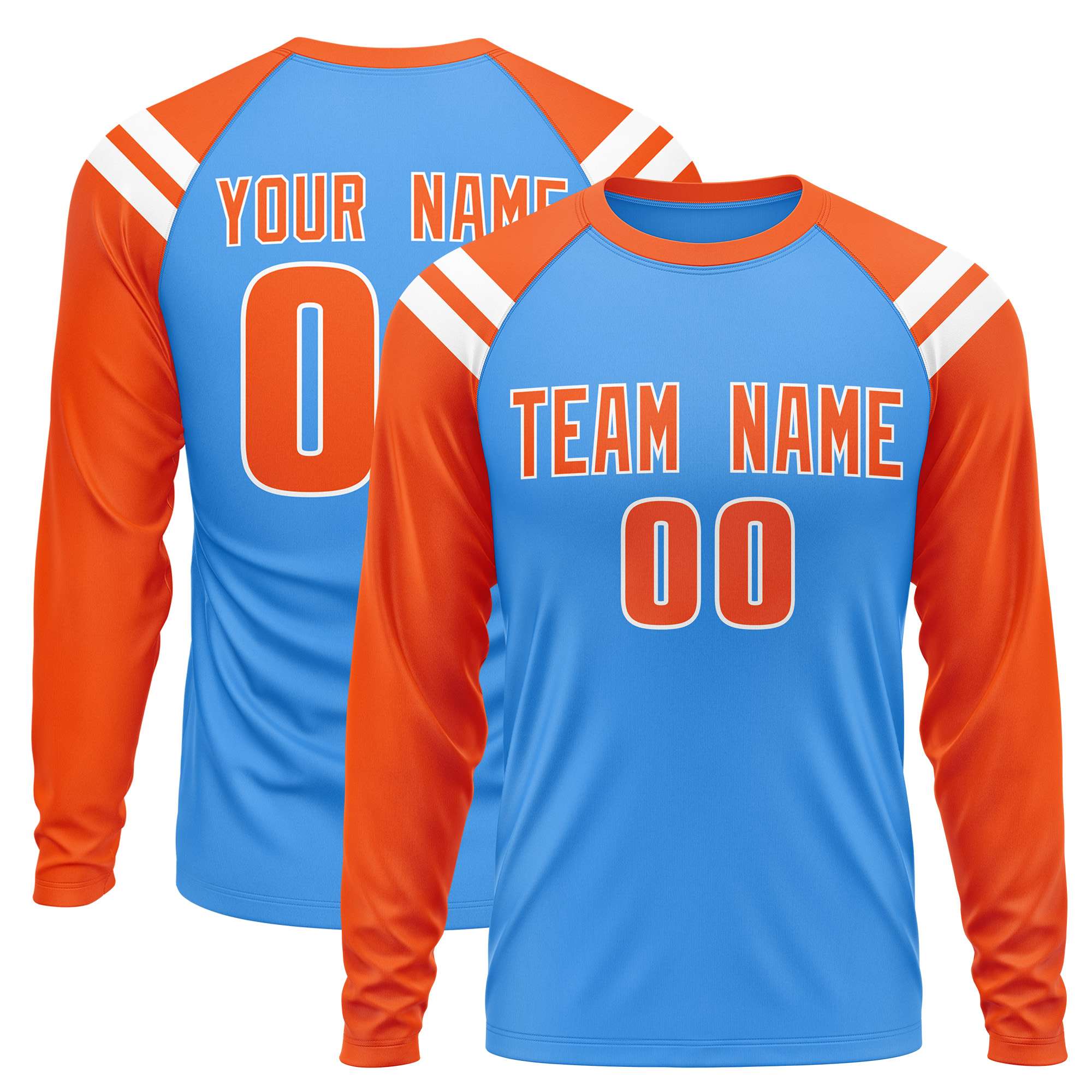 Custom Powder Blue Orange-White Crew Neck Personalized Raglan Long Sleeve Performance T-Shirt | KXKSHOP