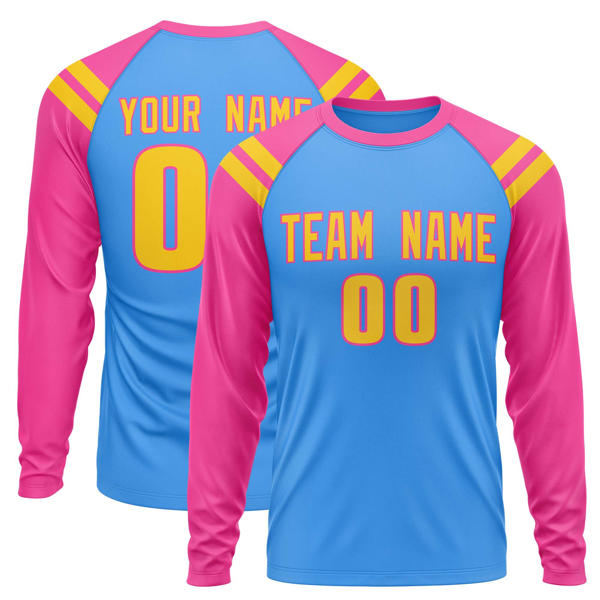 Custom Powder Blue Pink-Gold Crew Neck Personalized Raglan Long Sleeve Performance T-Shirt | KXKSHOP