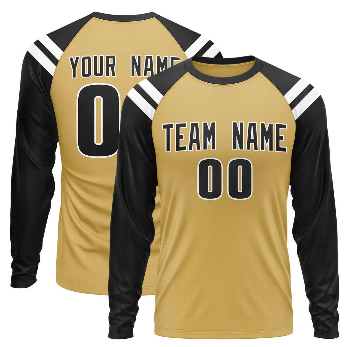 Custom Old Gold Black-White Crew Neck Personalized Raglan Long Sleeve Performance T-Shirt | KXKSHOP