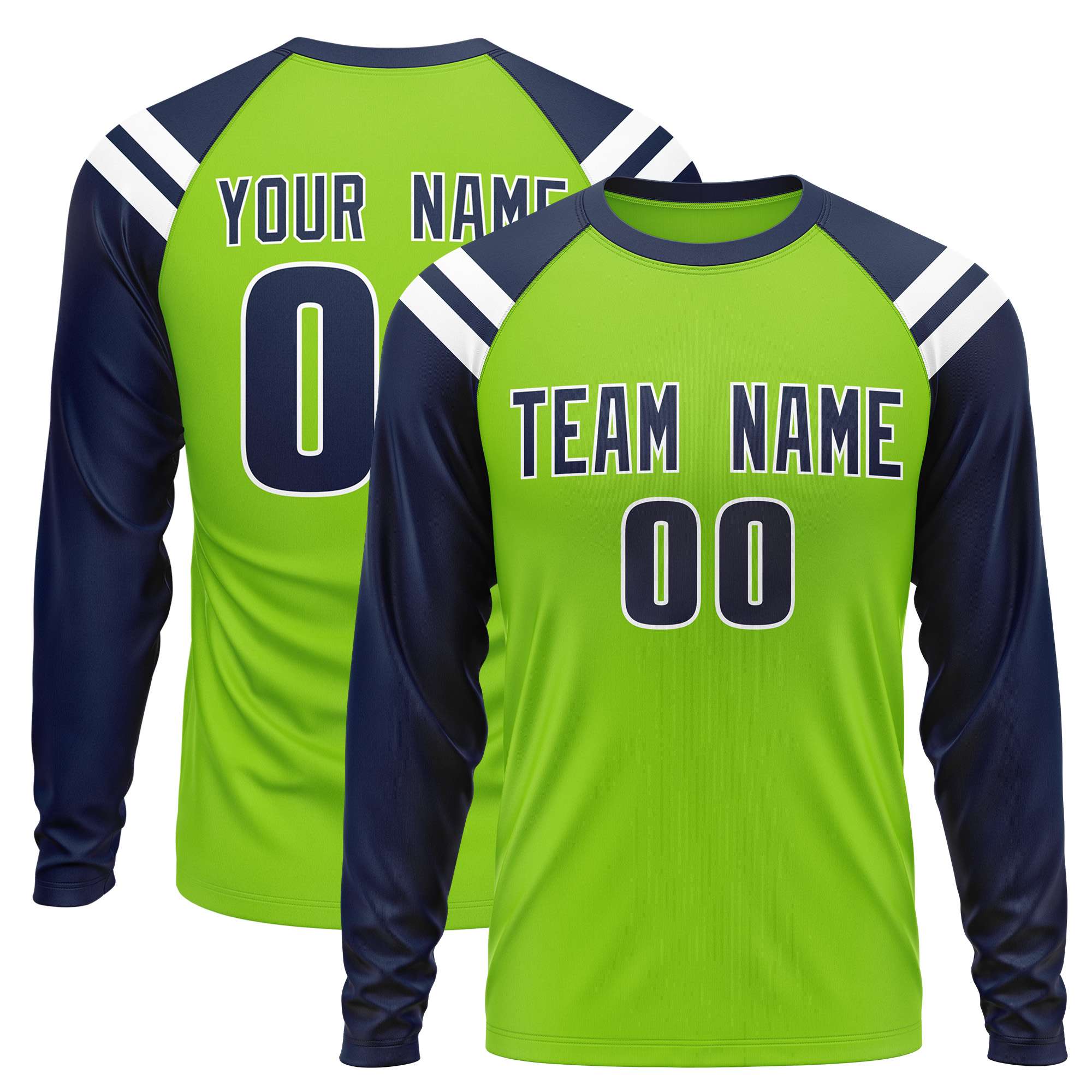 Custom Neon Green Navy-White Crew Neck Personalized Raglan Long Sleeve Performance T-Shirt | KXKSHOP