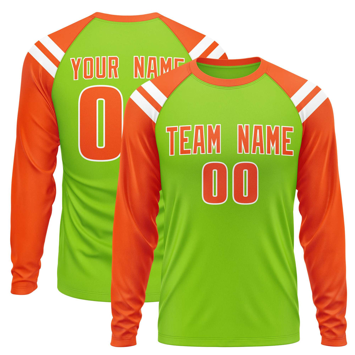 Custom Neon Green Orange-White Crew Neck Personalized Raglan Long Sleeve Performance T-Shirt | KXKSHOP