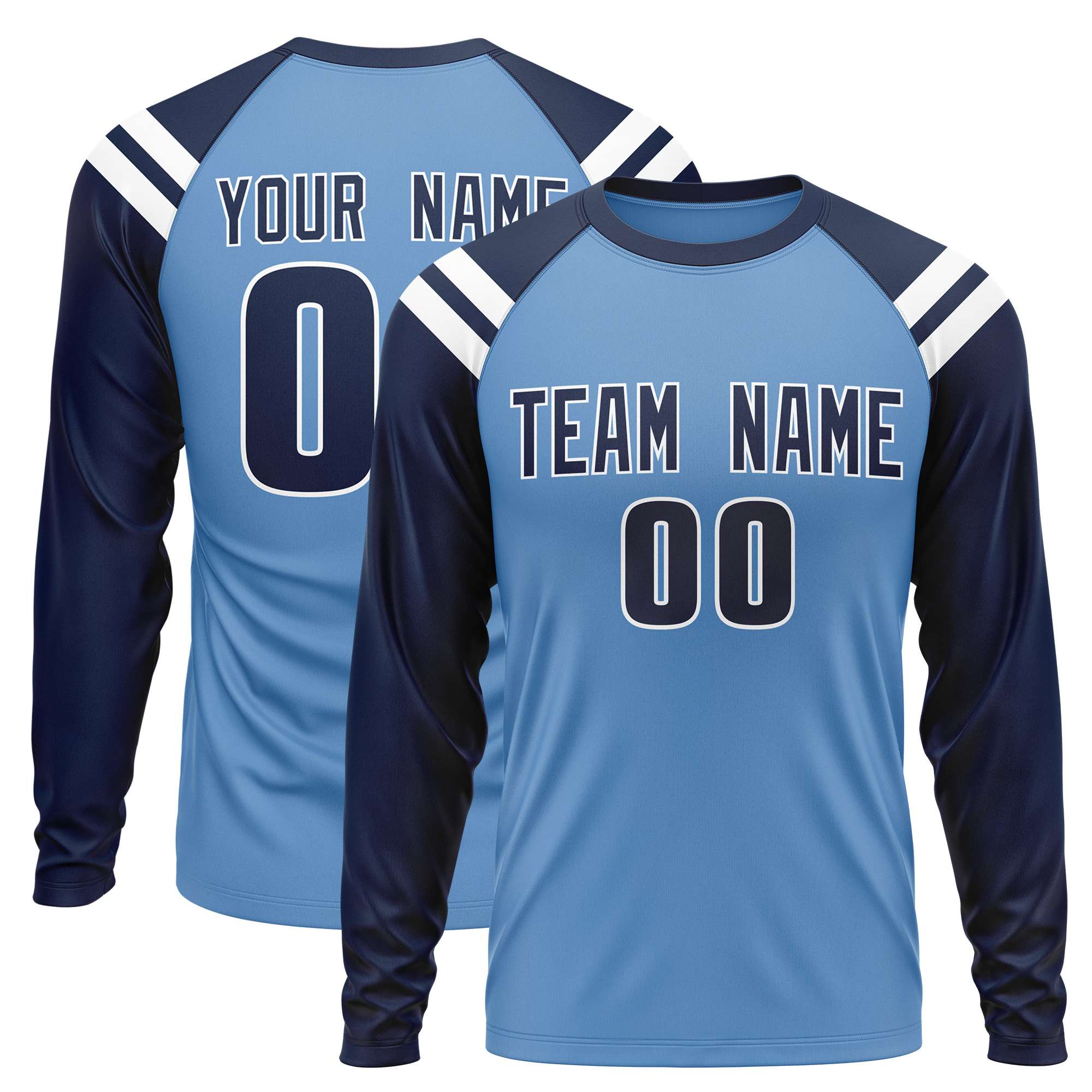 Custom Light Blue Navy-White Crew Neck Personalized Raglan Long Sleeve Performance T-Shirt | KXKSHOP
