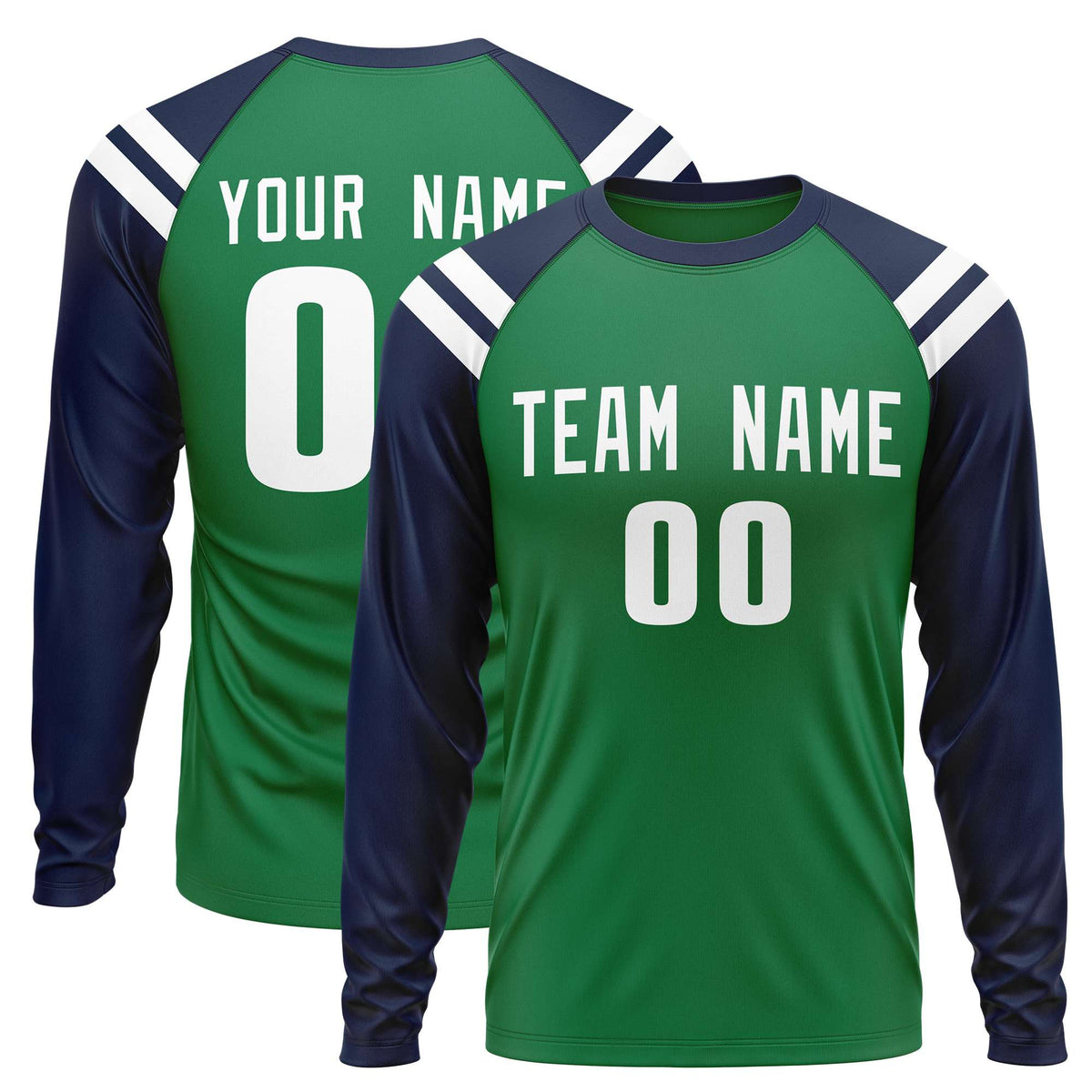 Custom Kelly Green Navy-White Crew Neck Personalized Raglan Long Sleeve Performance T-Shirt | KXKSHOP