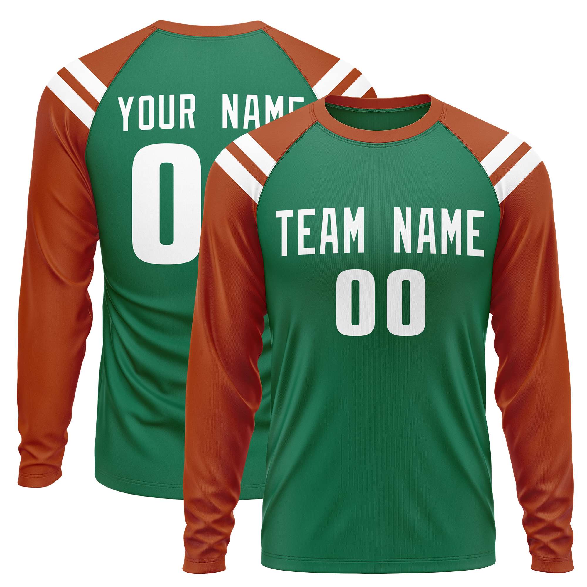 Custom Kelly Green Texas Orange-White Crew Neck Personalized Raglan Long Sleeve Performance T-Shirt | KXKSHOP