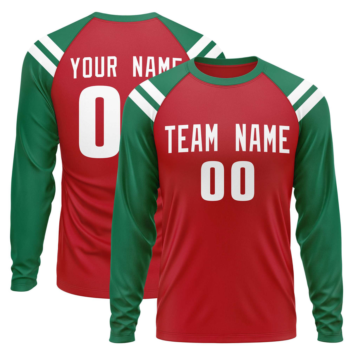 Custom Red Kelly Green-White Crew Neck Personalized Raglan Long Sleeve Performance T-Shirt | KXKSHOP