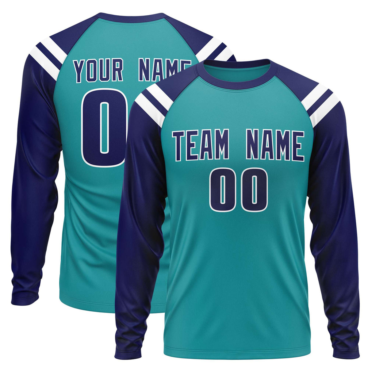 Custom Aqua Navy-White Crew Neck Personalized Raglan Long Sleeve Performance T-Shirt | KXKSHOP