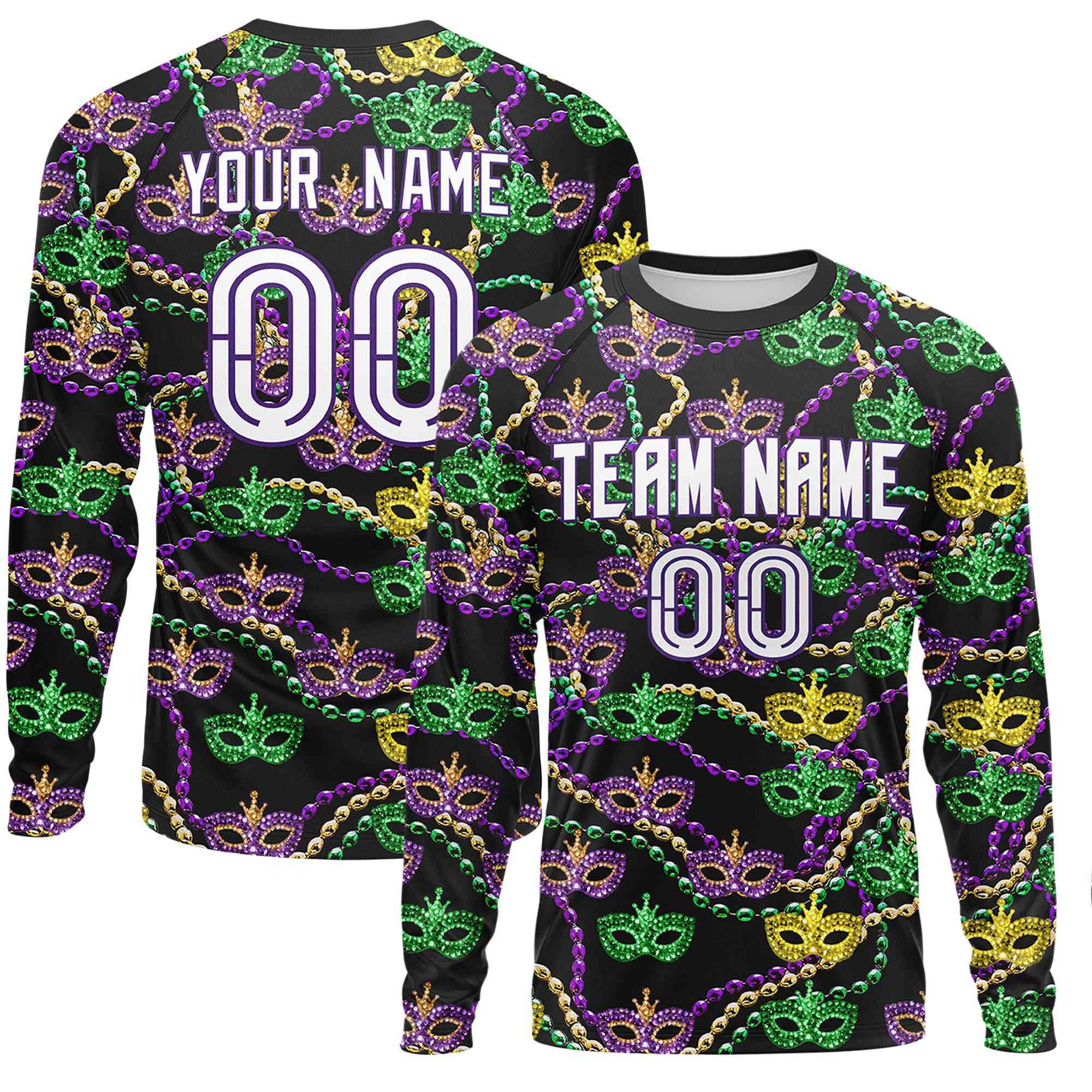 Custom Black White Crew Neck Personalized Mardi Gras Long Sleeve Performance T-shirt | KXKSHOP