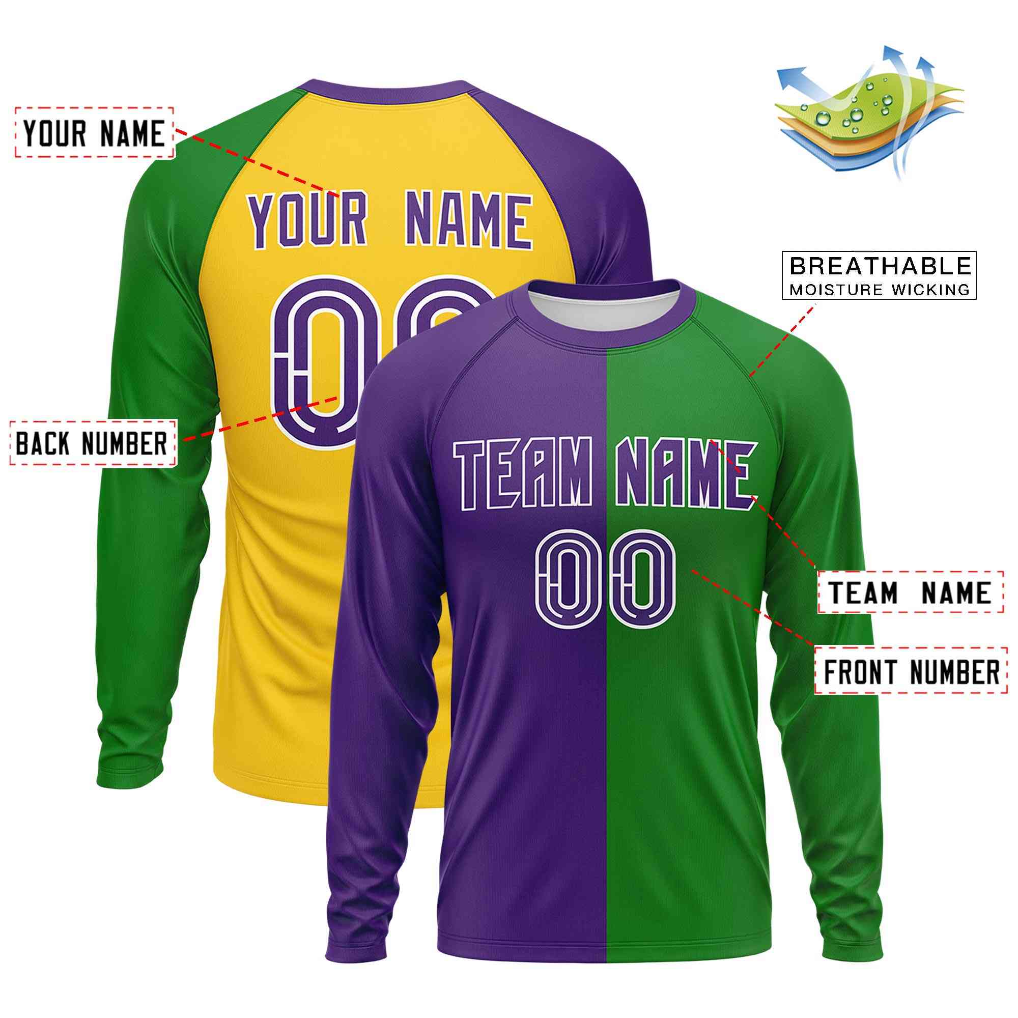Custom Purple Kelly Green Crew Neck Personalized Mardi Gras Long Sleeve Performance T-shirt | KXKSHOP