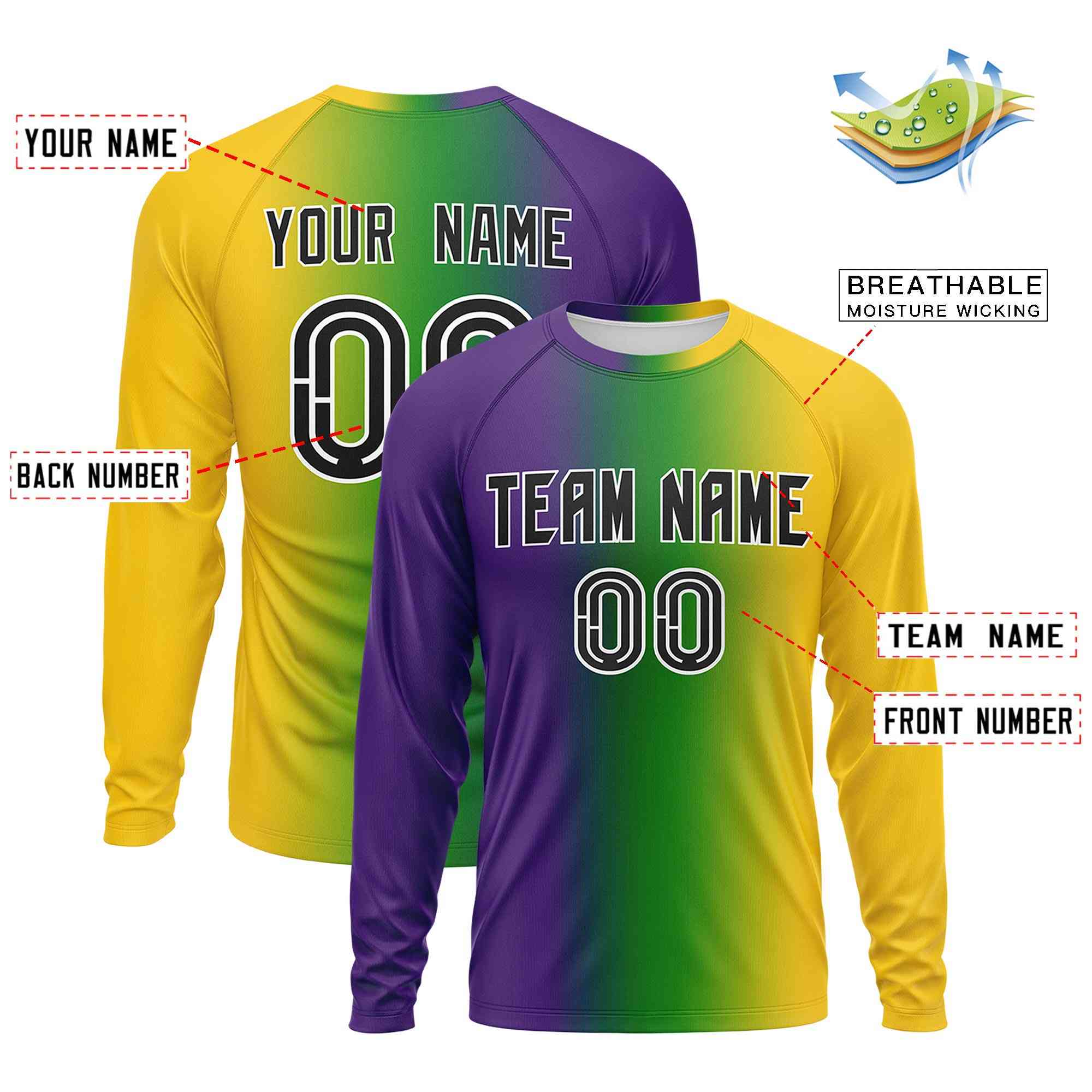 Custom Purple Gold Crew Neck Personalized Mardi Gras Long Sleeve Performance T-shirt | KXKSHOP