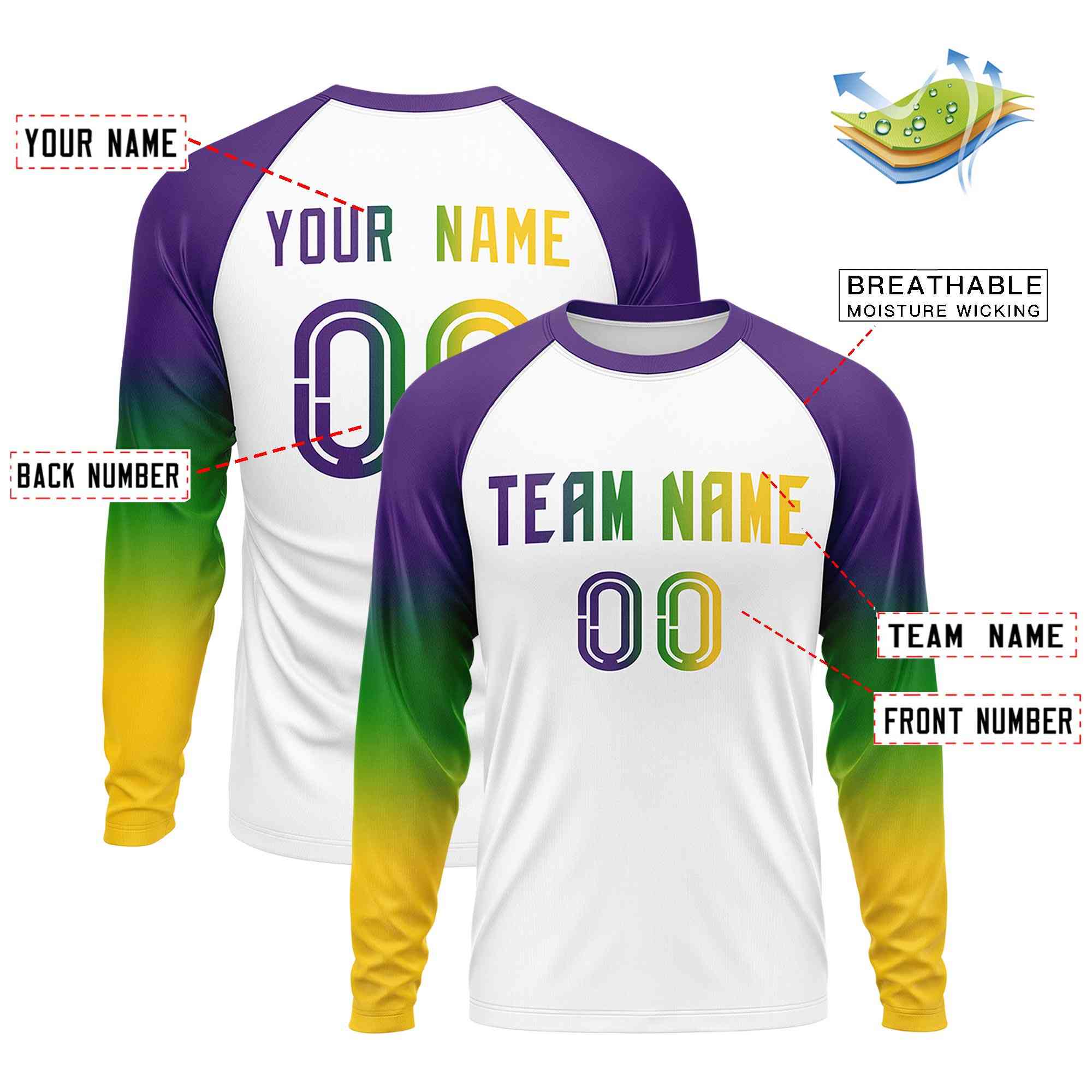 Custom White Purple Crew Neck Personalized Mardi Gras Long Sleeve Performance T-shirt | KXKSHOP