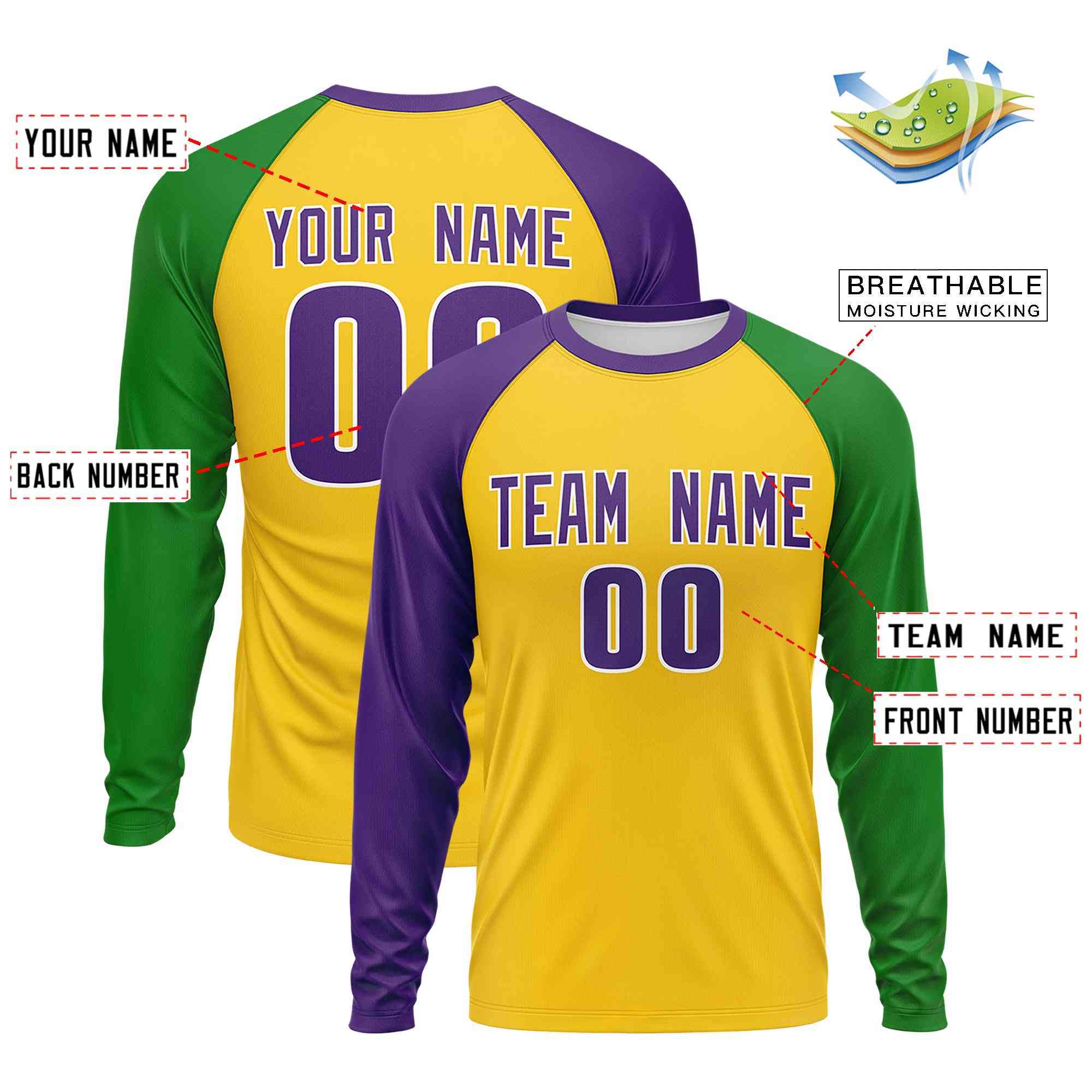 Custom Gold Purple Crew Neck Personalized Mardi Gras Long Sleeve Performance T-shirt | KXKSHOP