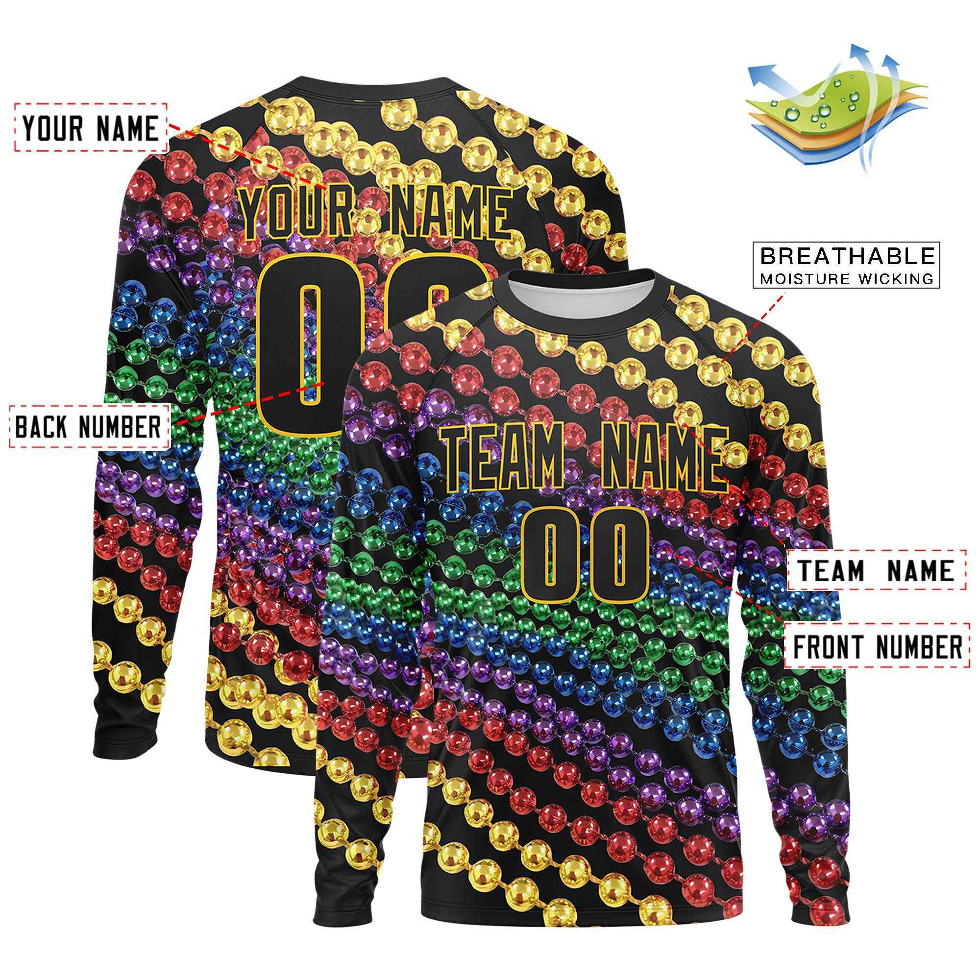 Custom Black Gold Crew Neck Personalized Mardi Gras Long Sleeve Performance T-shirt | KXKSHOP
