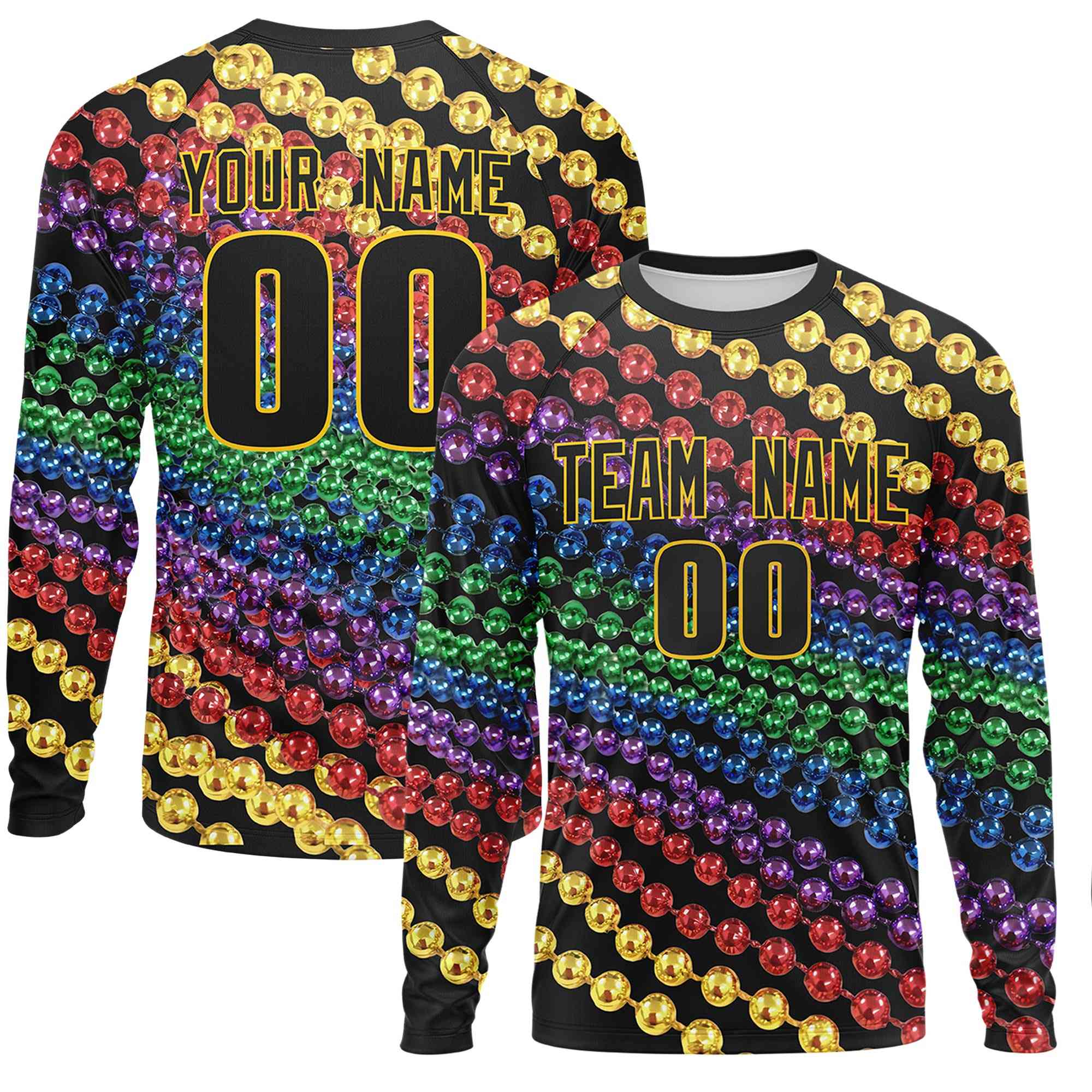 Custom Black Gold Crew Neck Personalized Mardi Gras Long Sleeve Performance T-shirt | KXKSHOP