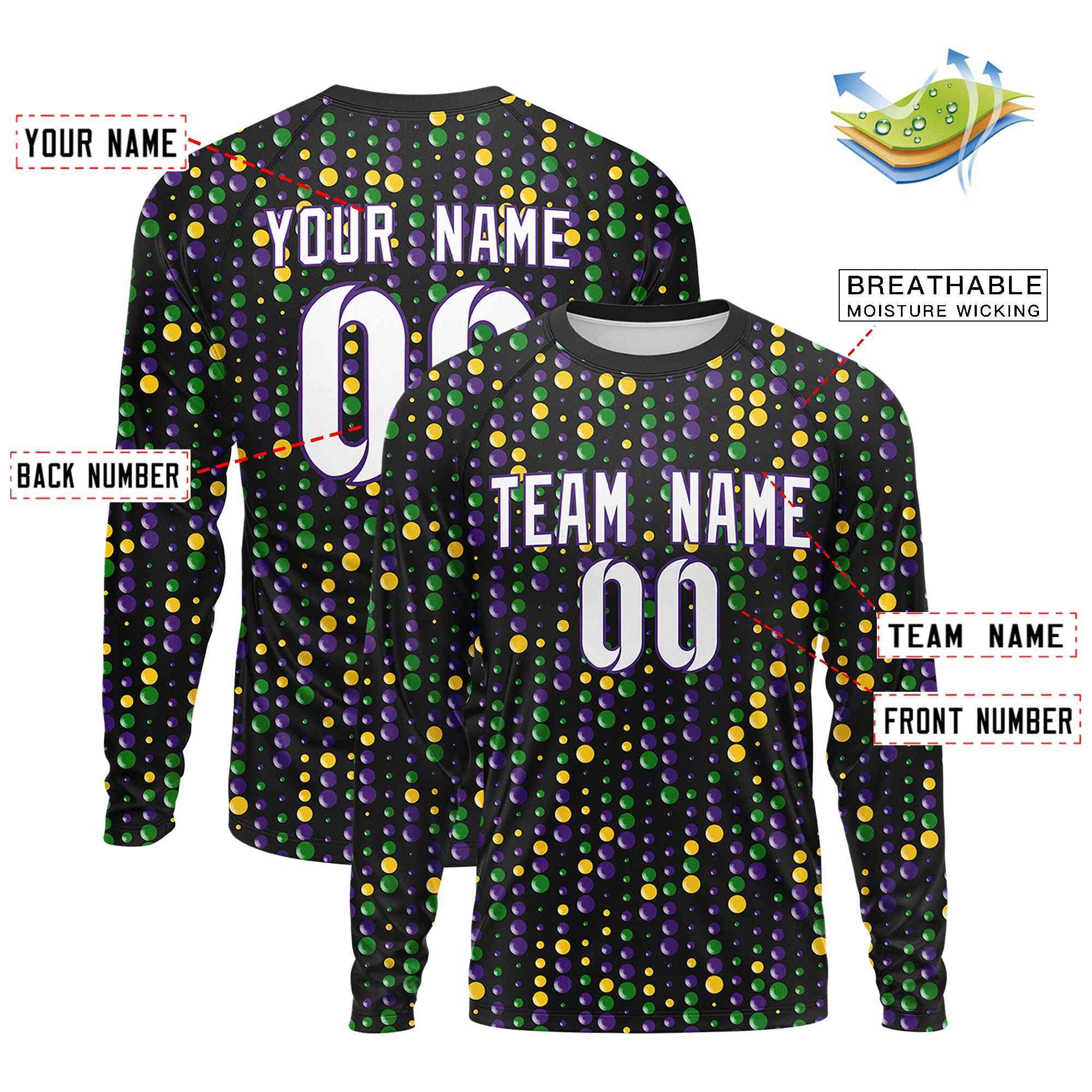 Custom Black White Crew Neck Personalized Mardi Gras Long Sleeve Performance T-shirt | KXKSHOP