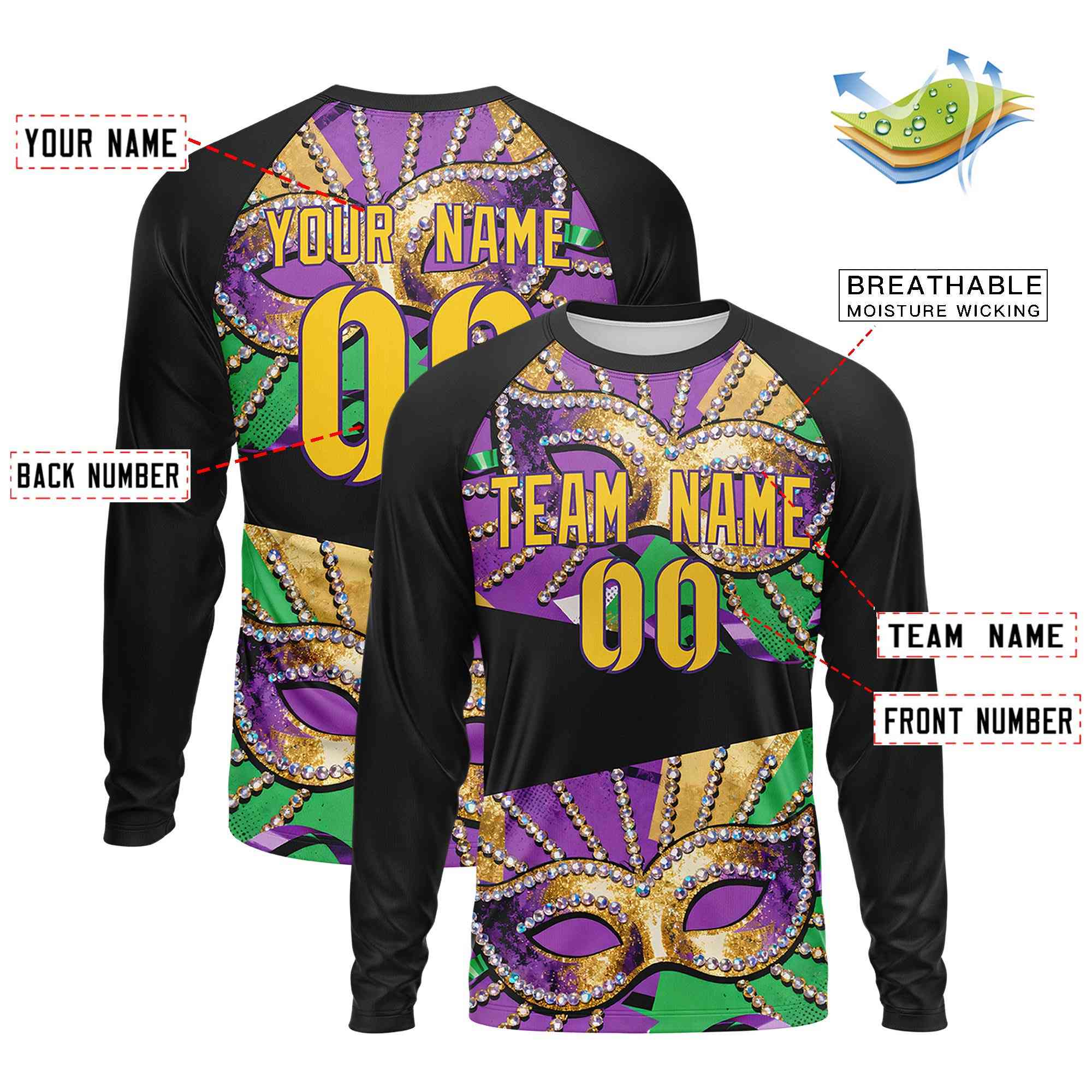 Custom Black Gold Crew Neck Personalized Mardi Gras Long Sleeve Performance T-shirt | KXKSHOP