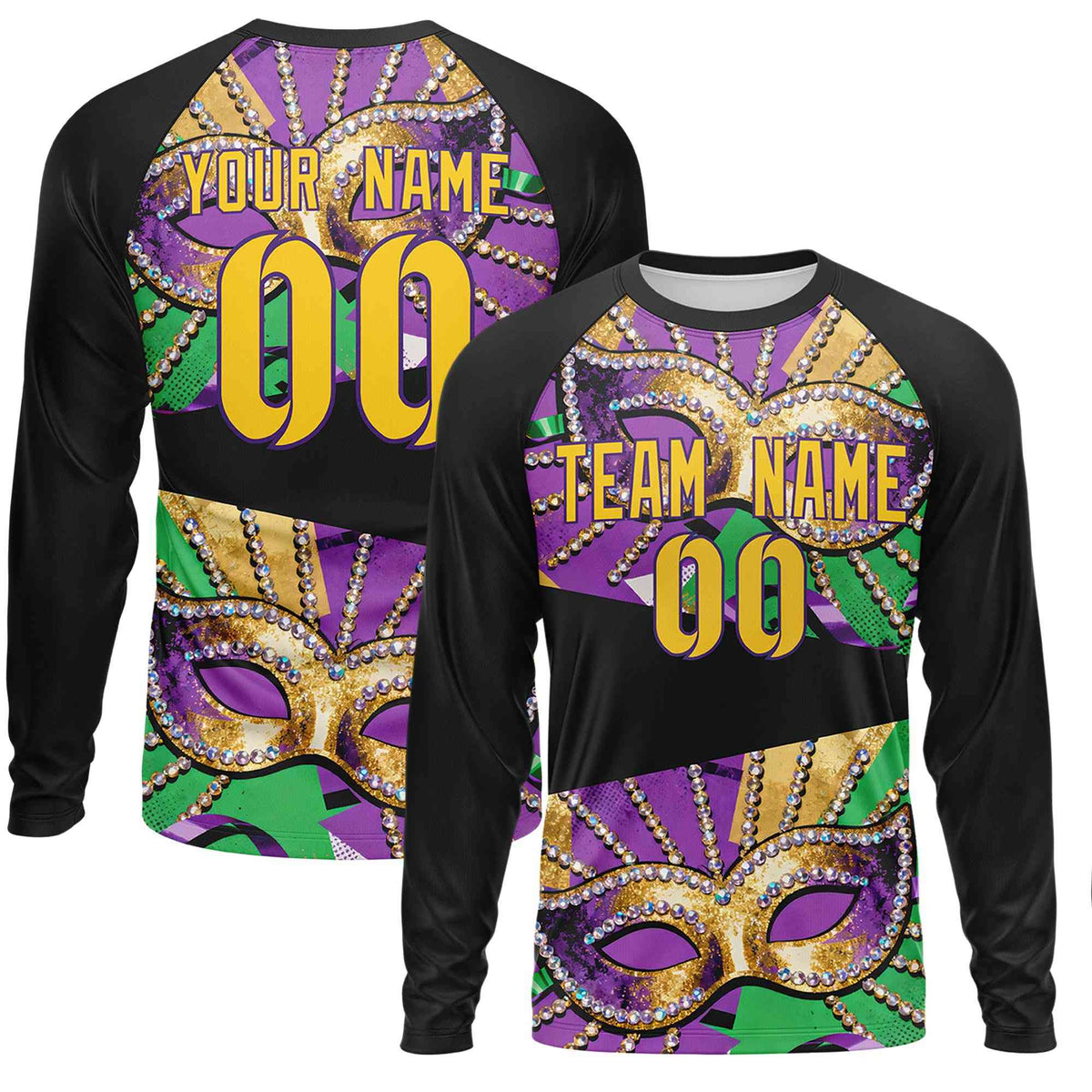 Custom Black Gold Crew Neck Personalized Mardi Gras Long Sleeve Performance T-shirt | KXKSHOP
